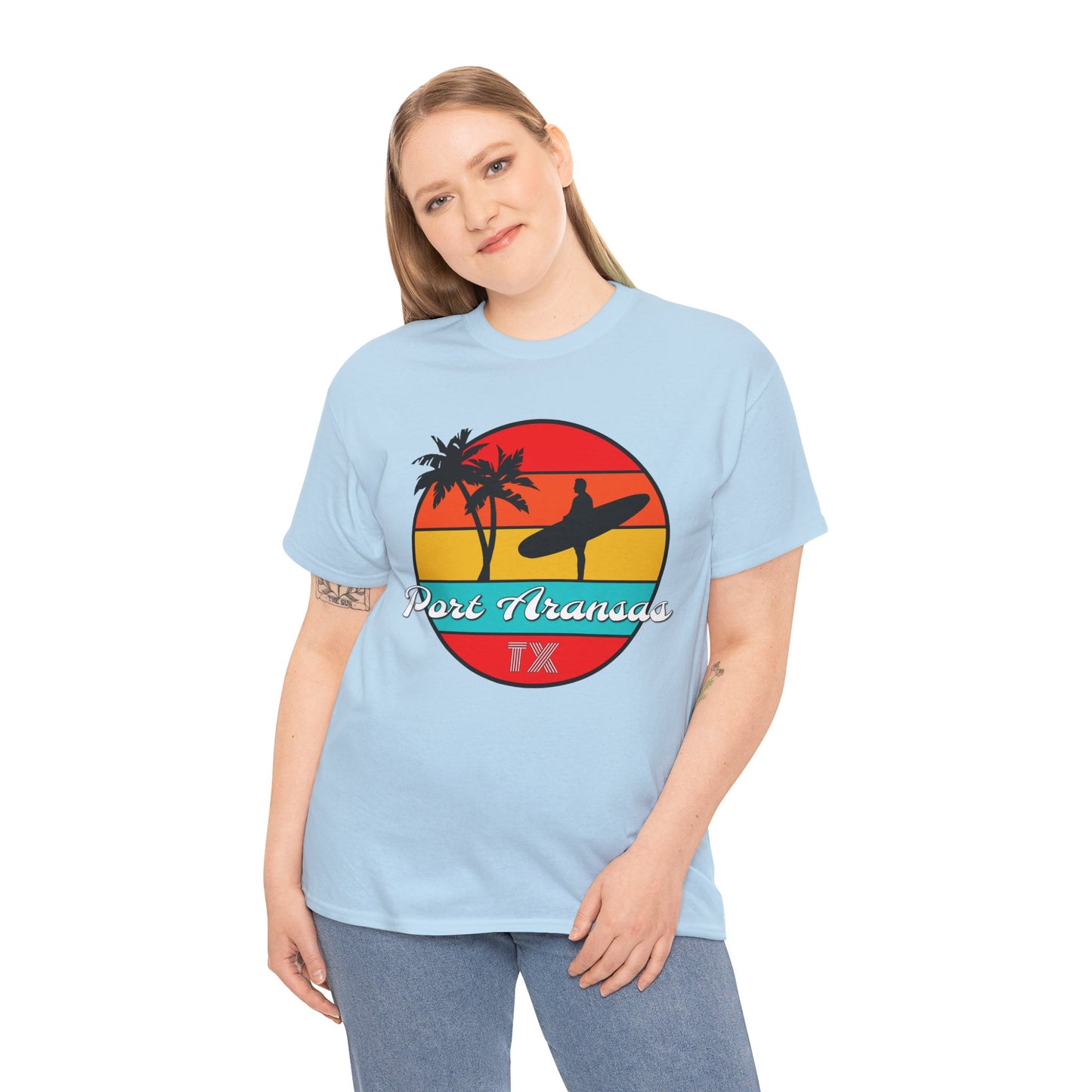 Port Aransas Texas, Port A Surfer, Palm Trees, Beach Vacation Heavy Cotton Tee