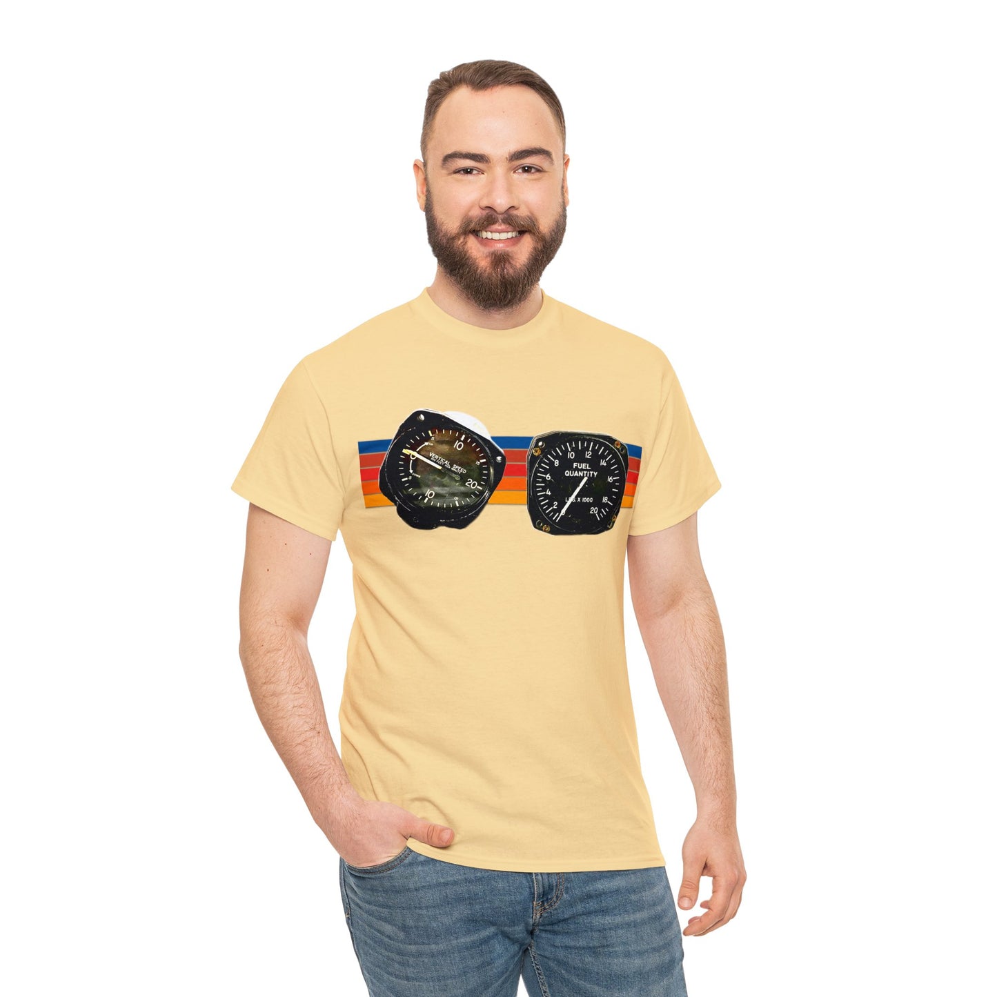 Aircraft Cockpit Instruments, Fuel Gauge, Vertical Speed Gauge, Private Plane Heavy Cotton Tee