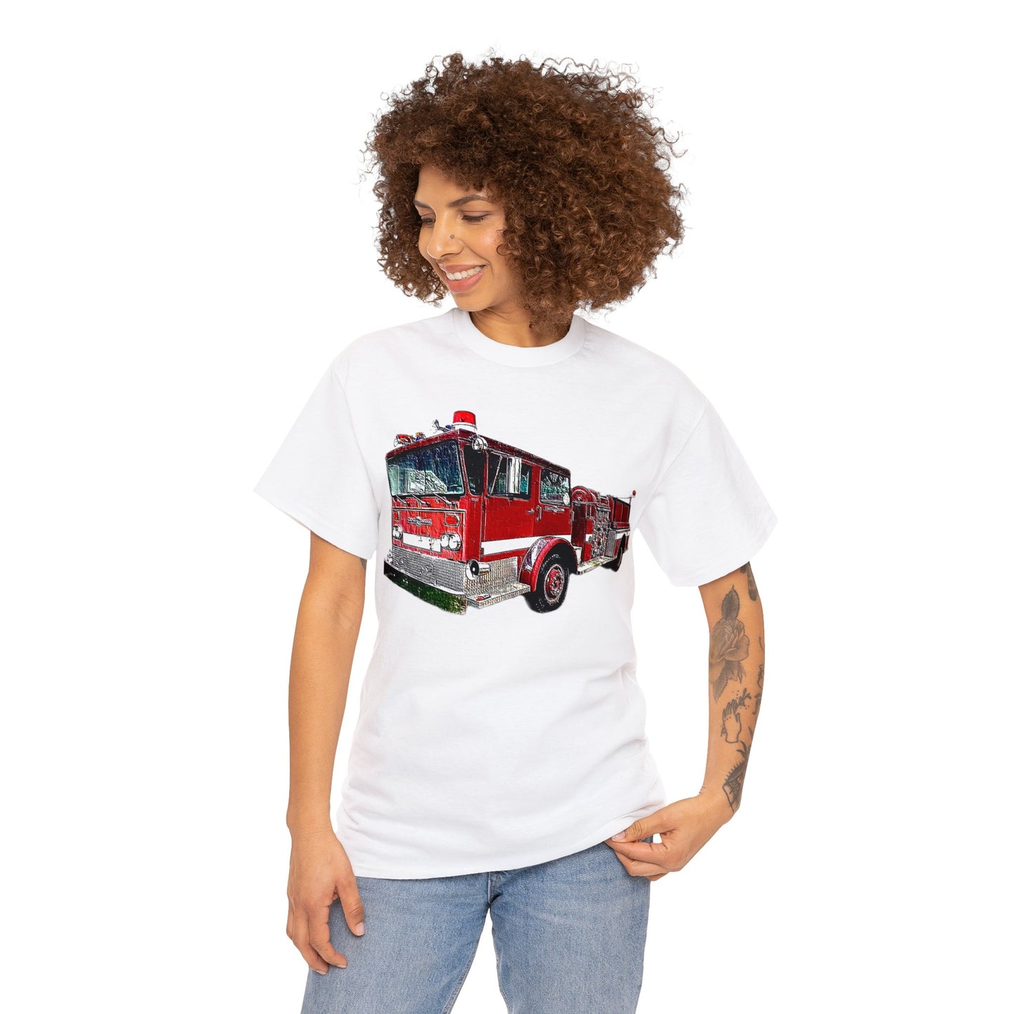 Fire Department, Fire Truck, Fire Department, Red Fire Truck Heavy Cotton Tee