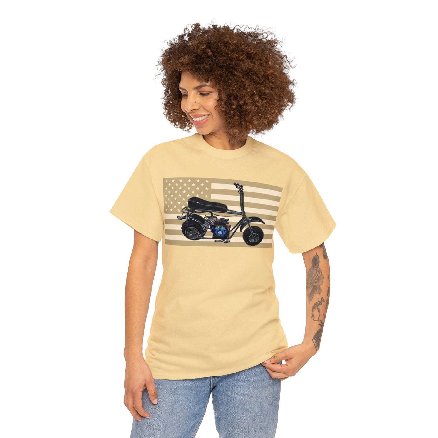 American Flag Vintage Mini Bike, Moped, Mini Motorcycle, Scooter Heavy Cotton Tee