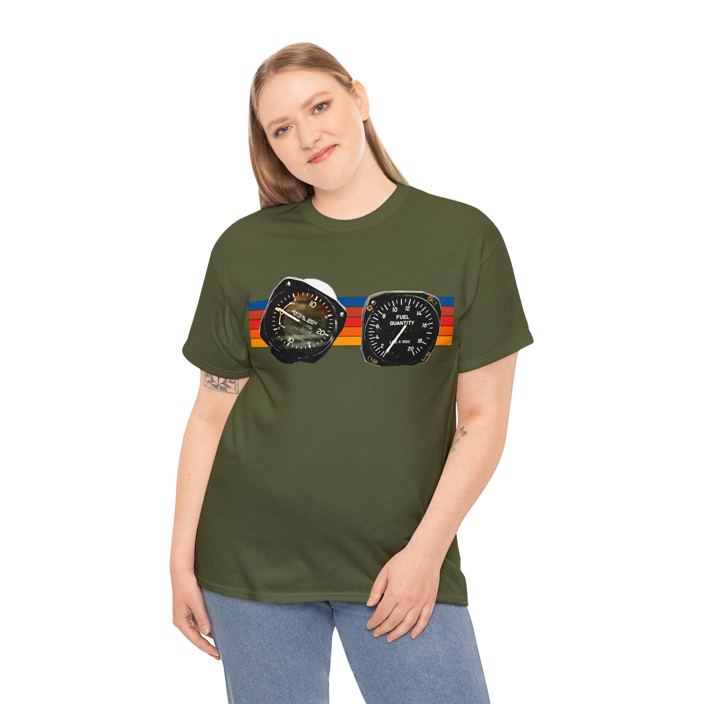 Aircraft Cockpit Instruments, Fuel Gauge, Vertical Speed Gauge, Private Plane Heavy Cotton Tee
