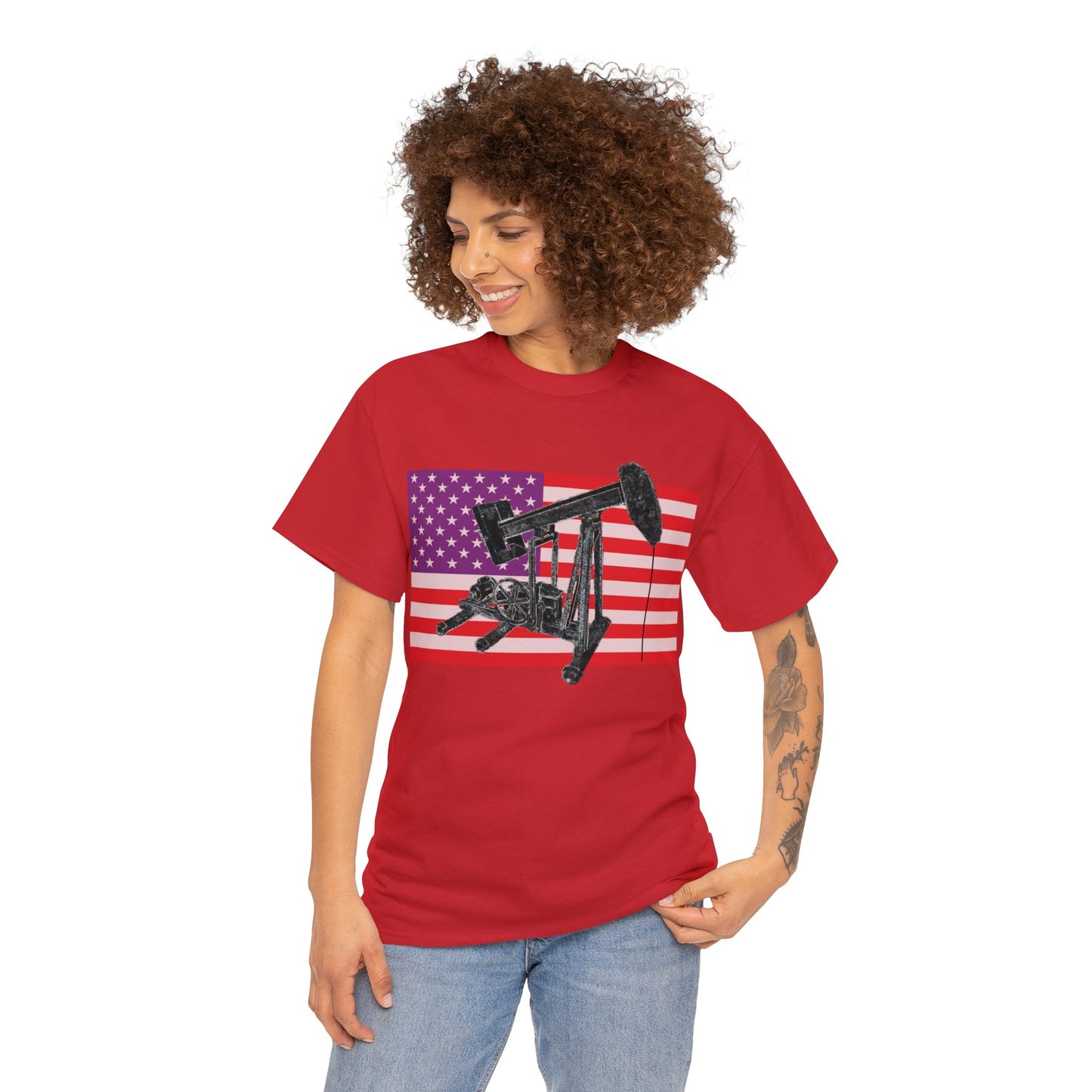 American Oil Worker Pump Jack USA Flag Heavy Cotton Tee