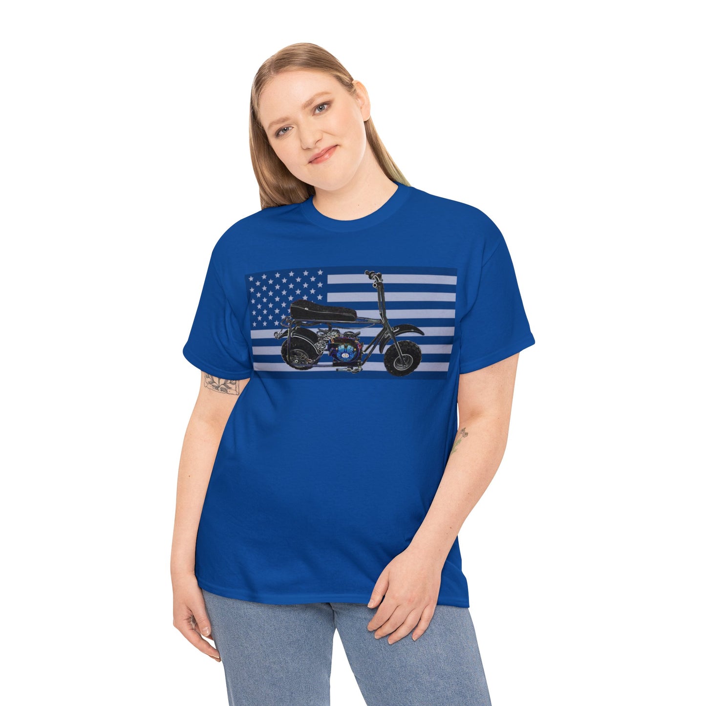 American Flag Vintage Mini Bike, Moped, Mini Motorcycle, Scooter Heavy Cotton Tee