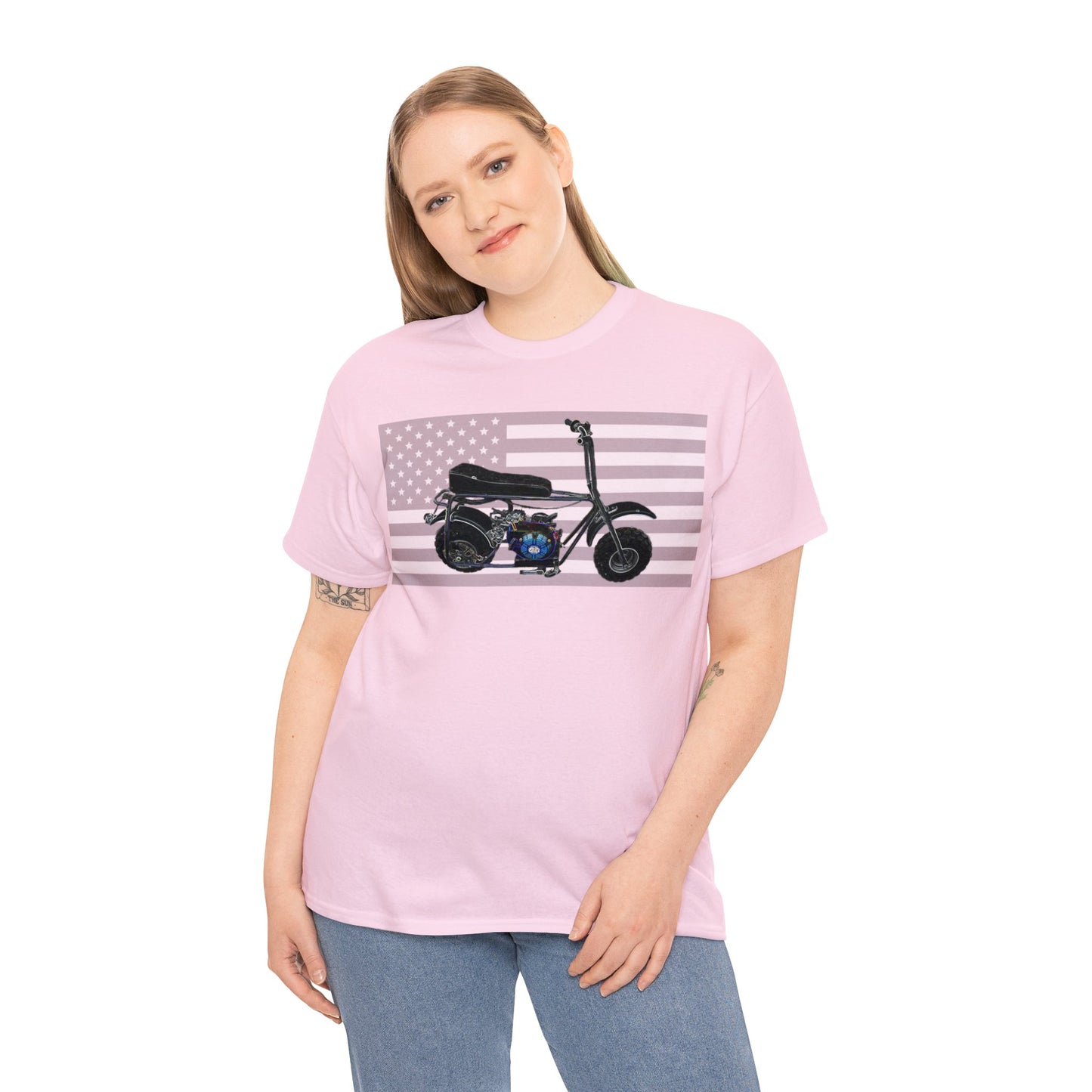 American Flag Vintage Mini Bike, Moped, Mini Motorcycle, Scooter Heavy Cotton Tee