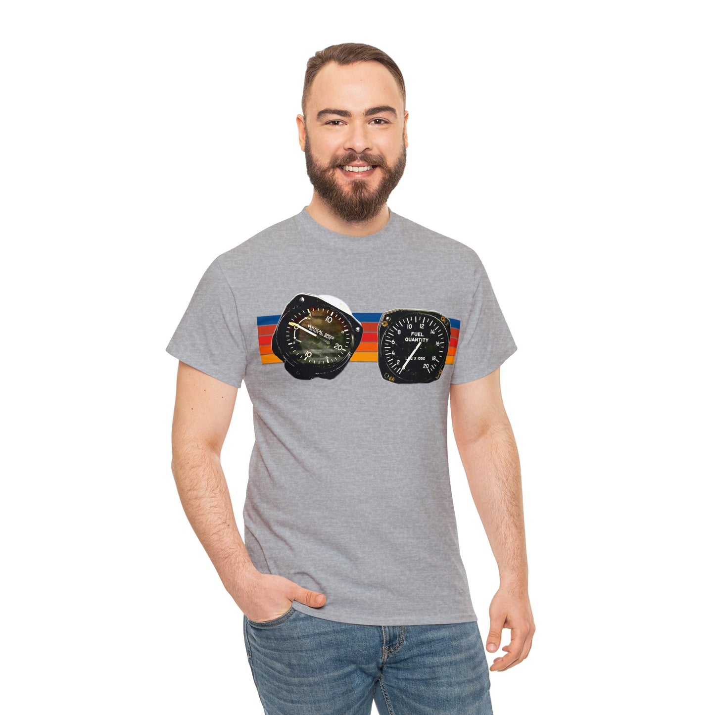 Aircraft Cockpit Instruments, Fuel Gauge, Vertical Speed Gauge, Private Plane Heavy Cotton Tee