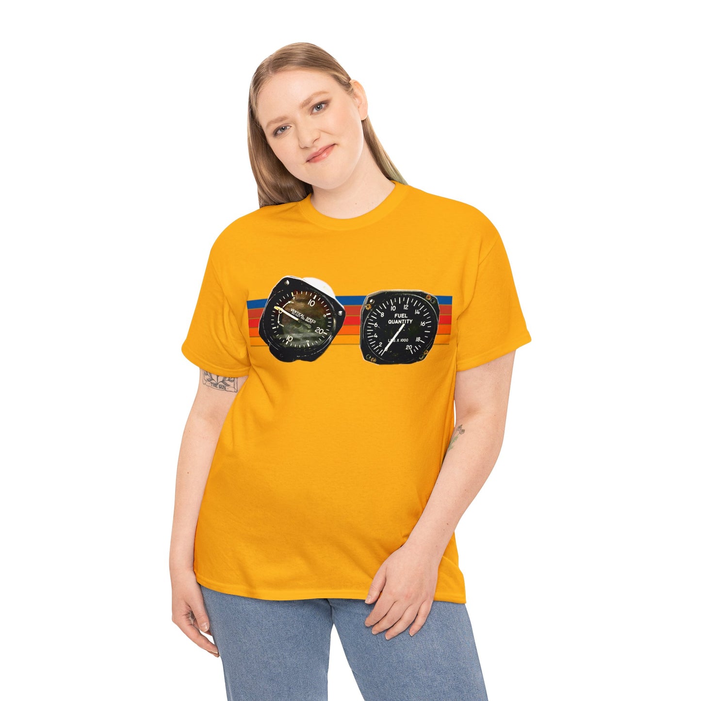 Aircraft Cockpit Instruments, Fuel Gauge, Vertical Speed Gauge, Private Plane Heavy Cotton Tee