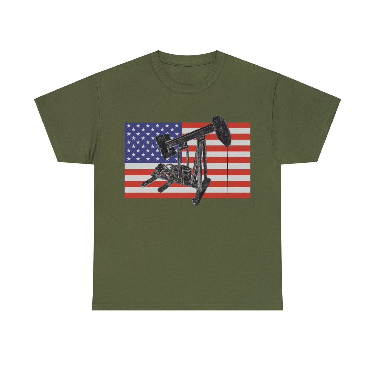 American Oil Worker Pump Jack USA Flag Heavy Cotton Tee