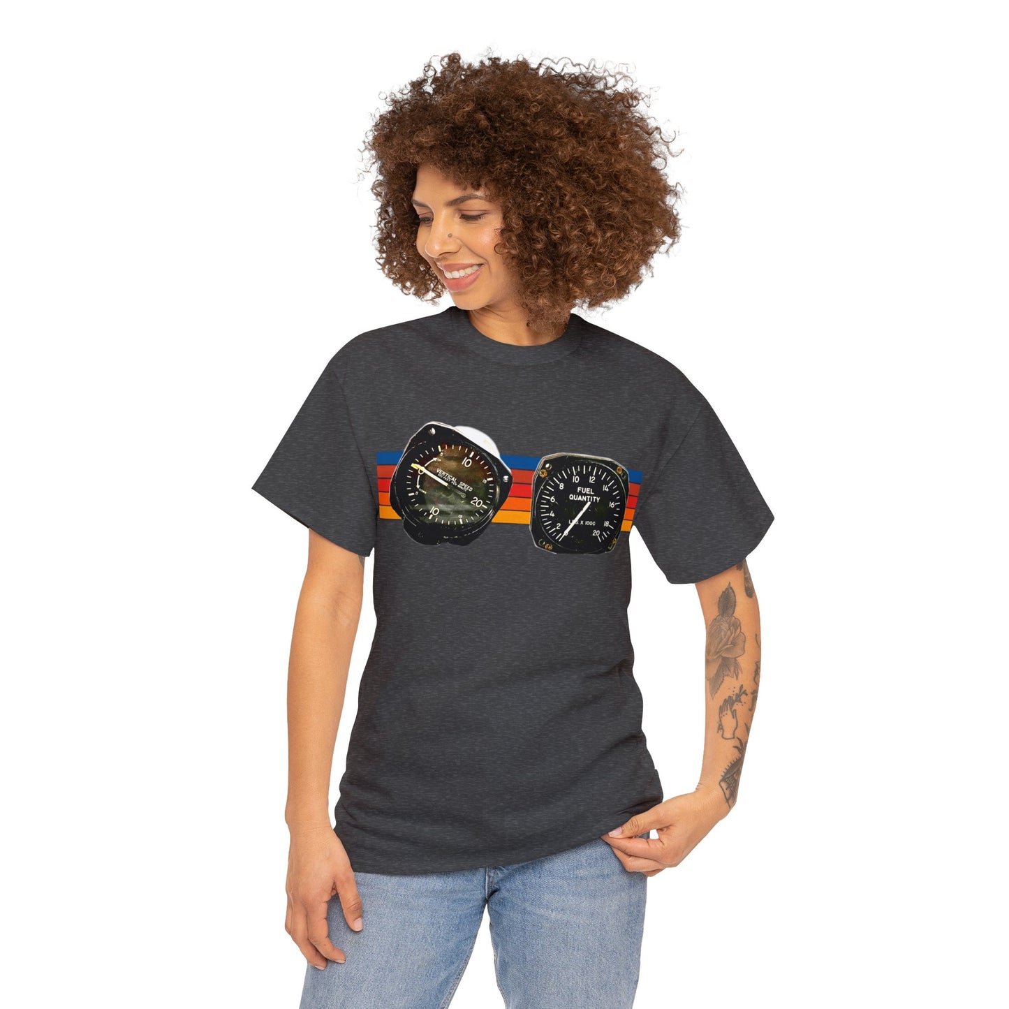 Aircraft Cockpit Instruments, Fuel Gauge, Vertical Speed Gauge, Private Plane Heavy Cotton Tee