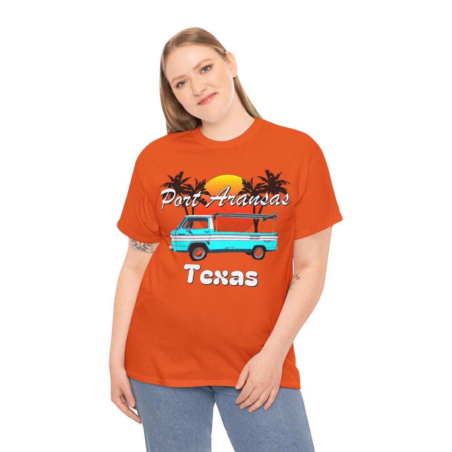 Port Aransas Texas, Port A Surfer, Palm Trees, Beach Vacation Heavy Cotton Tee