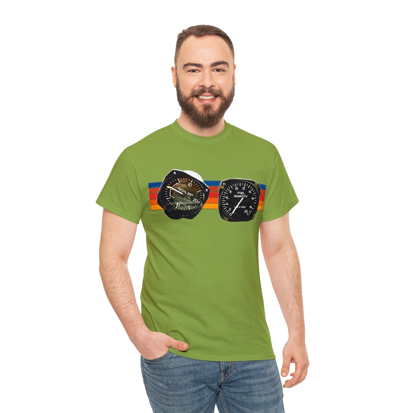 Aircraft Cockpit Instruments, Fuel Gauge, Vertical Speed Gauge, Private Plane Heavy Cotton Tee