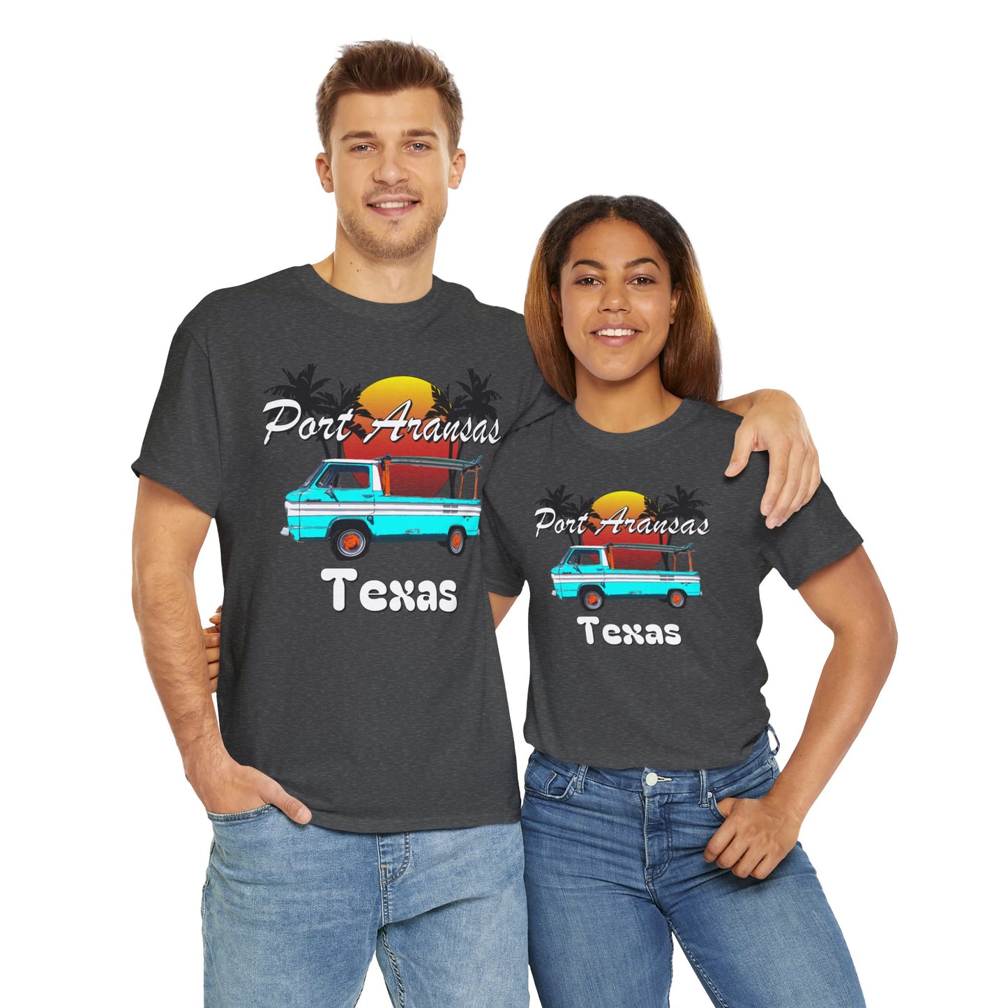 Port Aransas Texas, Port A Surfer, Palm Trees, Beach Vacation Heavy Cotton Tee