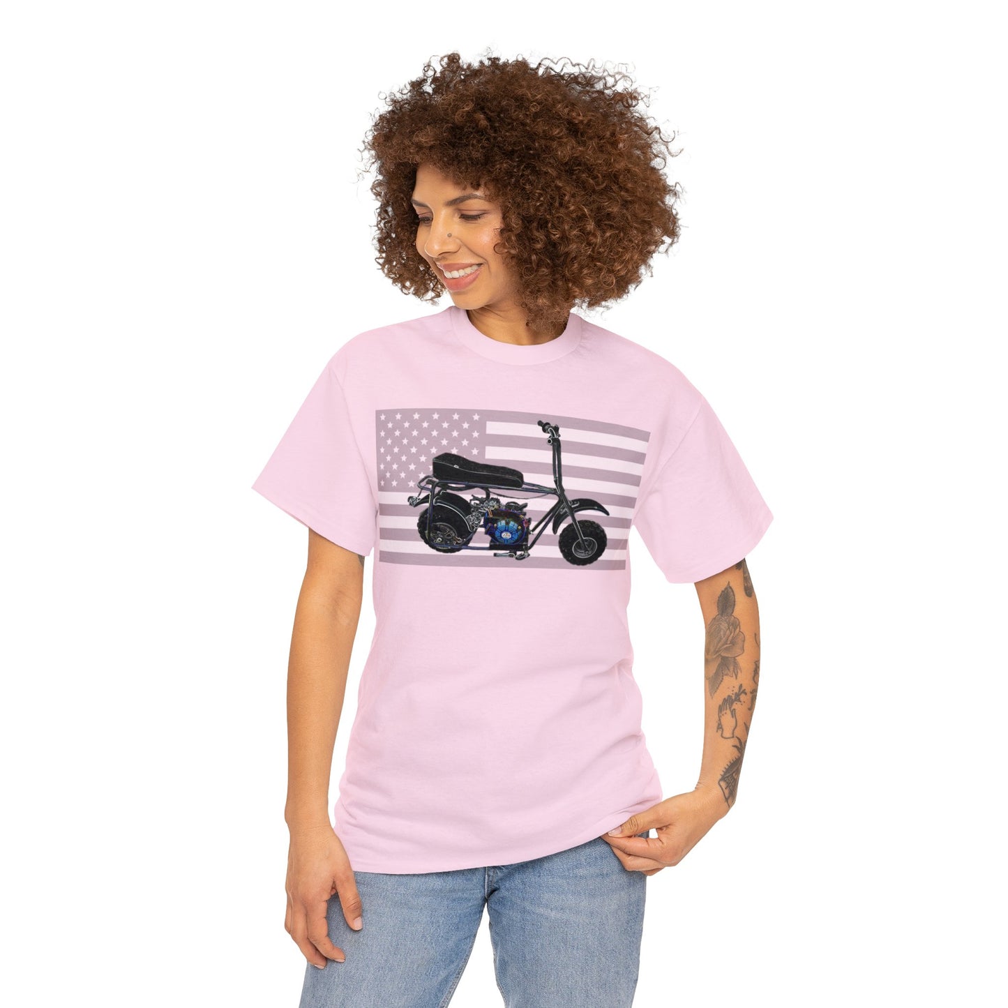 American Flag Vintage Mini Bike, Moped, Mini Motorcycle, Scooter Heavy Cotton Tee