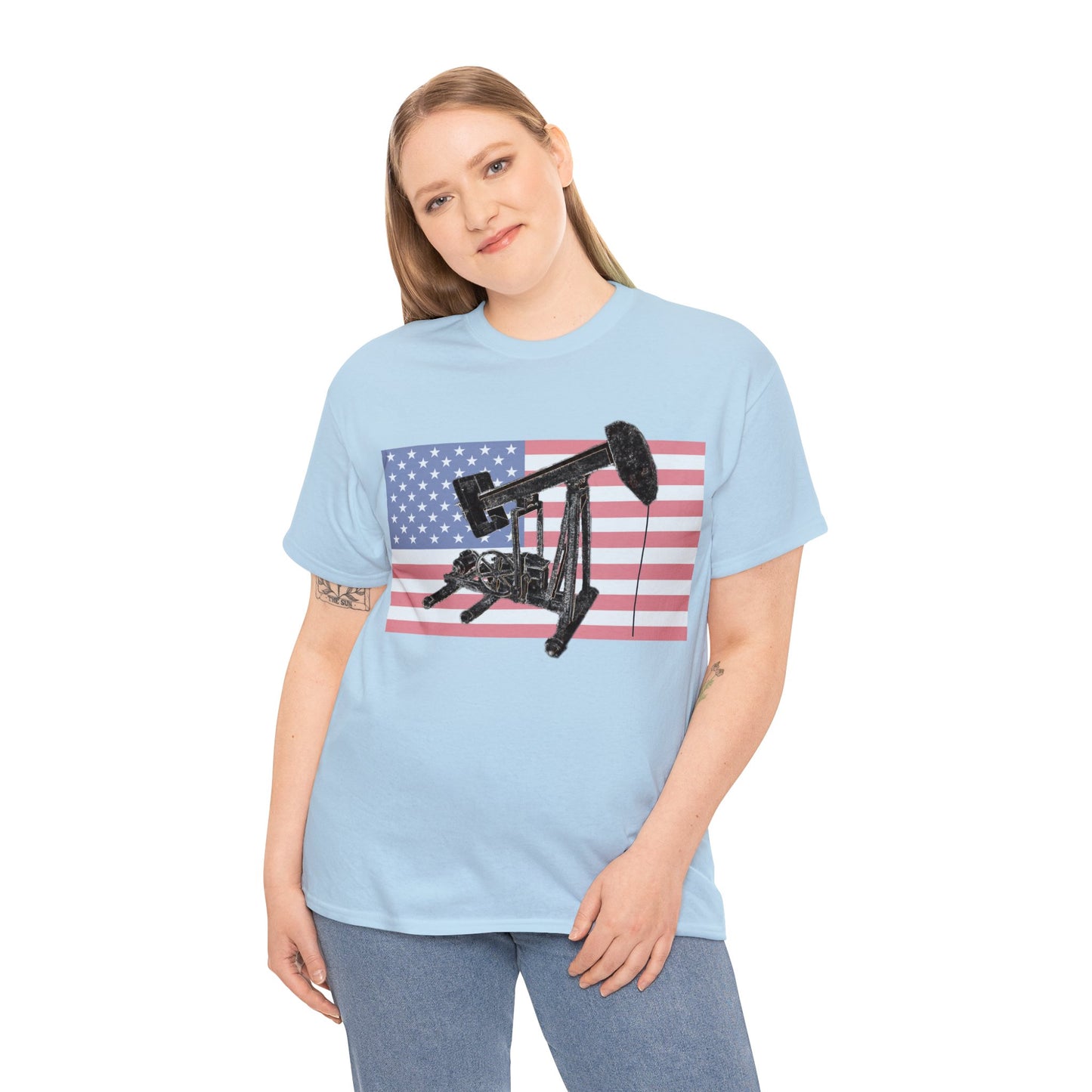 American Oil Worker Pump Jack USA Flag Heavy Cotton Tee