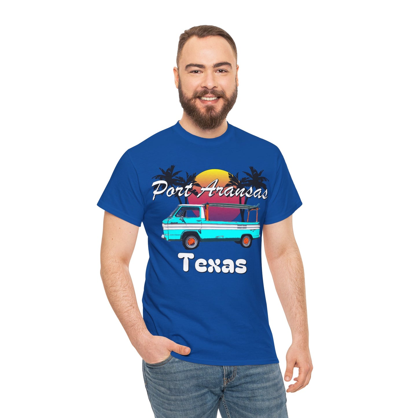 Port Aransas Texas, Port A Surfer, Palm Trees, Beach Vacation Heavy Cotton Tee