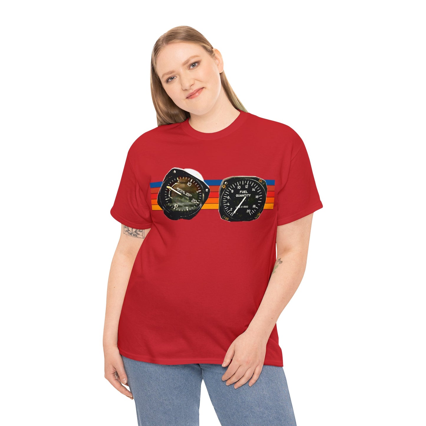 Aircraft Cockpit Instruments, Fuel Gauge, Vertical Speed Gauge, Private Plane Heavy Cotton Tee