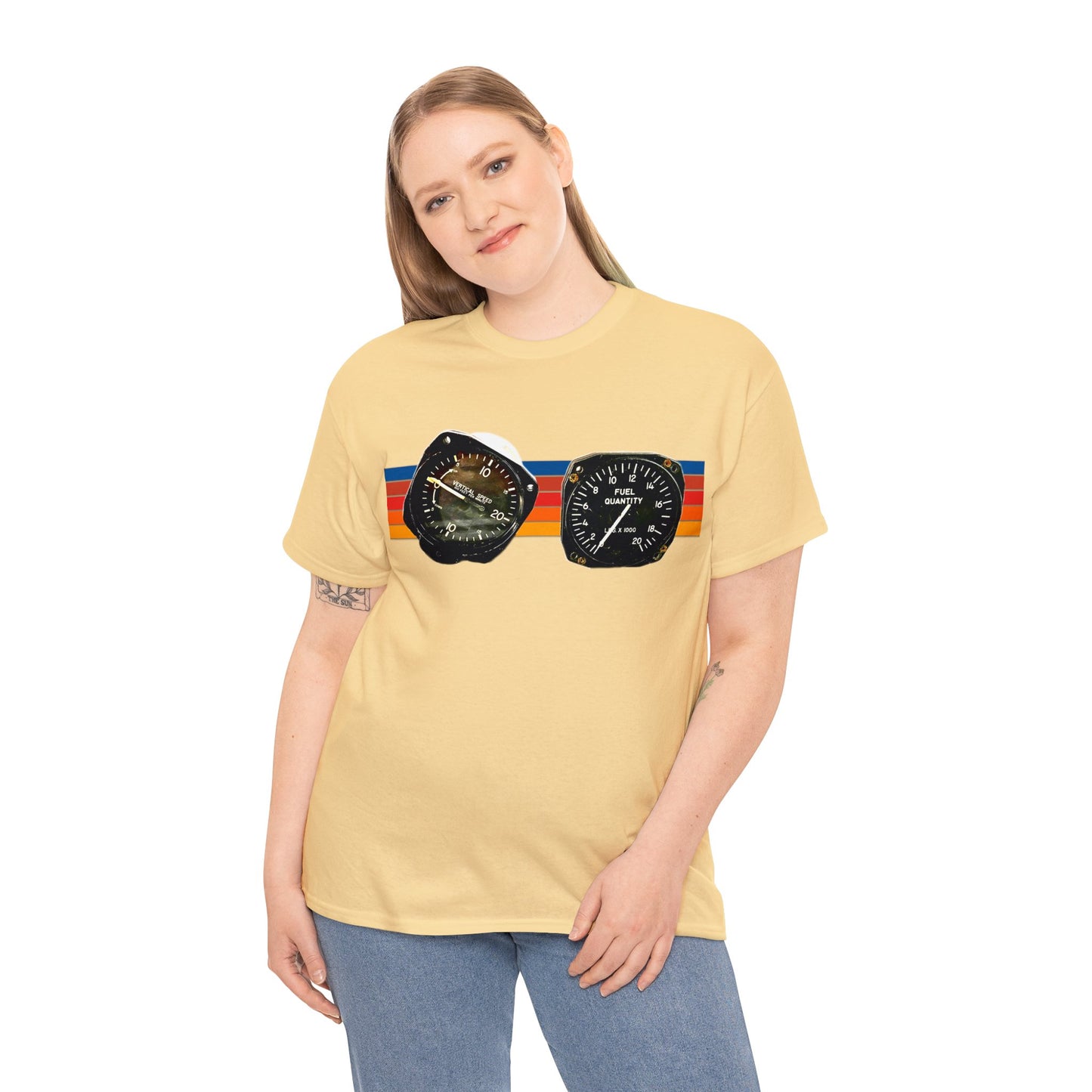 Aircraft Cockpit Instruments, Fuel Gauge, Vertical Speed Gauge, Private Plane Heavy Cotton Tee