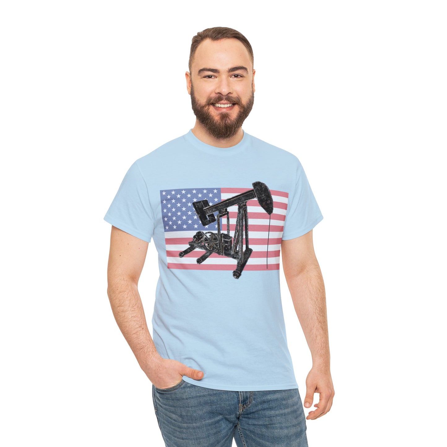 American Oil Worker Pump Jack USA Flag Heavy Cotton Tee