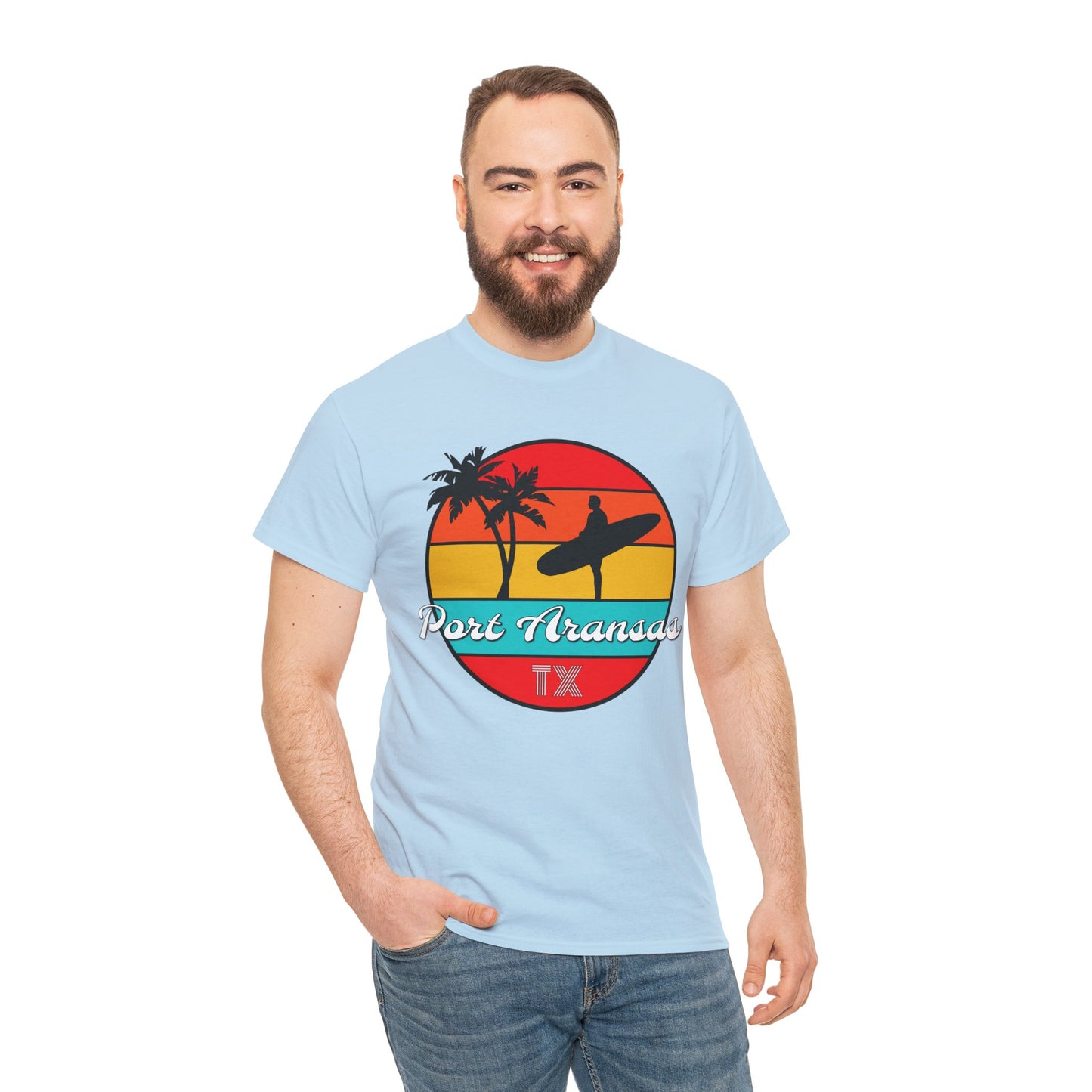 Port Aransas Texas, Port A Surfer, Palm Trees, Beach Vacation Heavy Cotton Tee