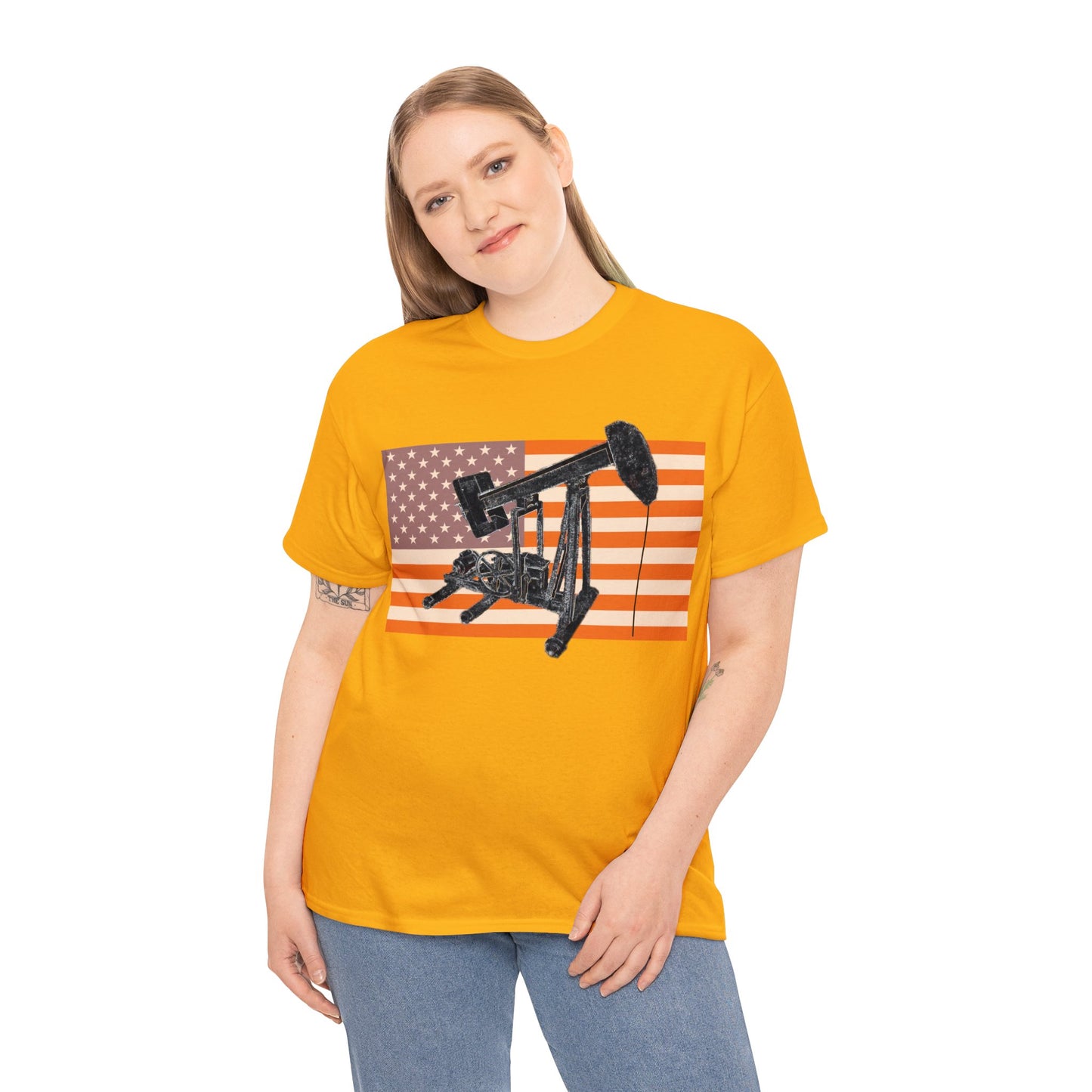 American Oil Worker Pump Jack USA Flag Heavy Cotton Tee