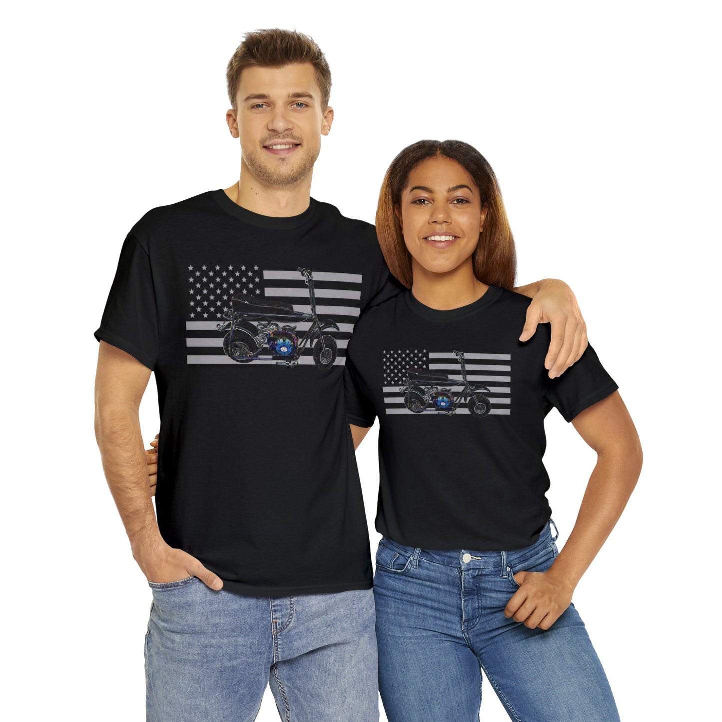 American Flag Vintage Mini Bike, Moped, Mini Motorcycle, Scooter Heavy Cotton Tee