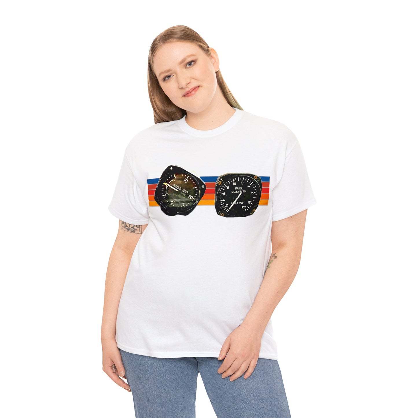 Aircraft Cockpit Instruments, Fuel Gauge, Vertical Speed Gauge, Private Plane Heavy Cotton Tee