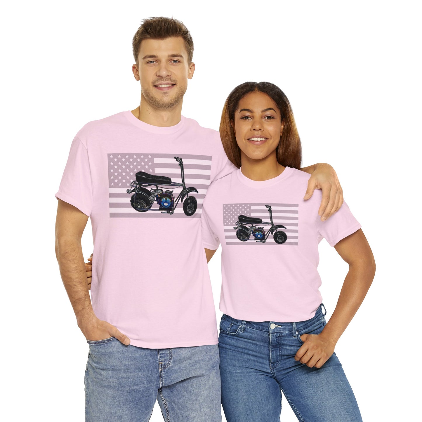 American Flag Vintage Mini Bike, Moped, Mini Motorcycle, Scooter Heavy Cotton Tee