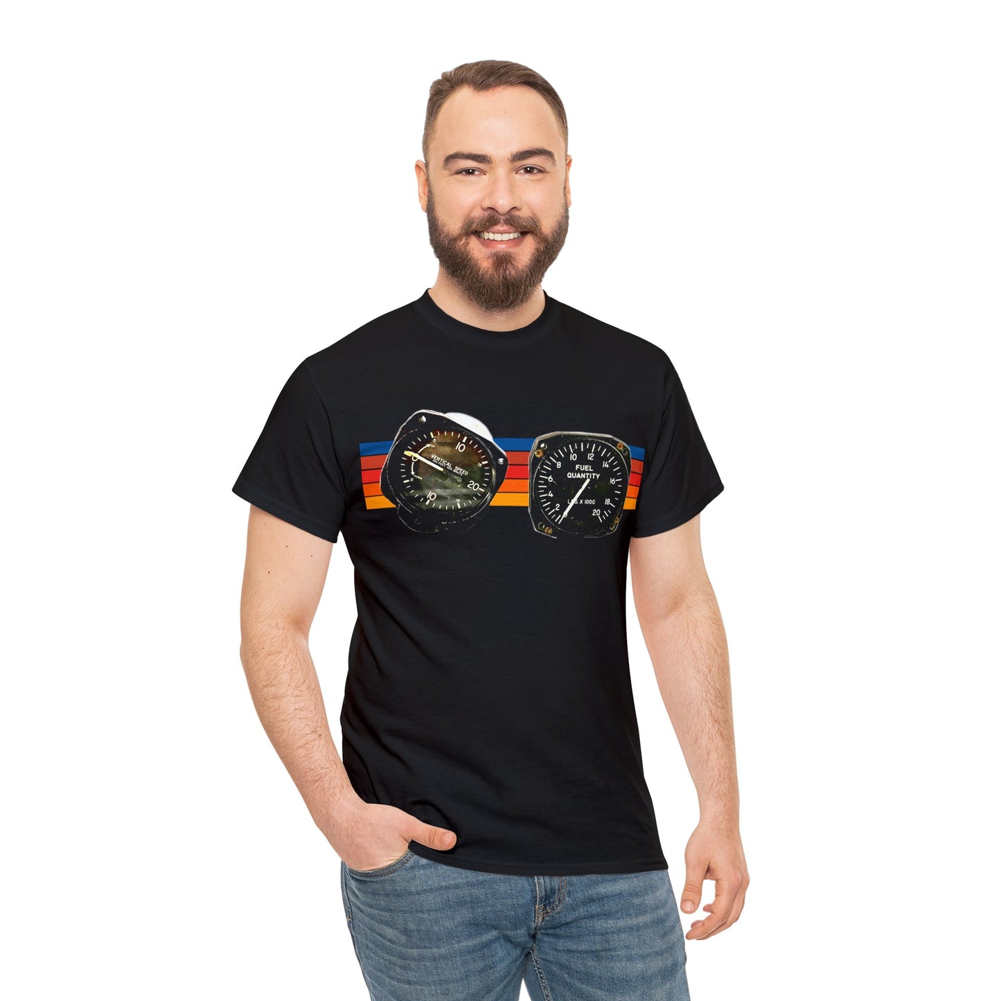 Aircraft Cockpit Instruments, Fuel Gauge, Vertical Speed Gauge, Private Plane Heavy Cotton Tee