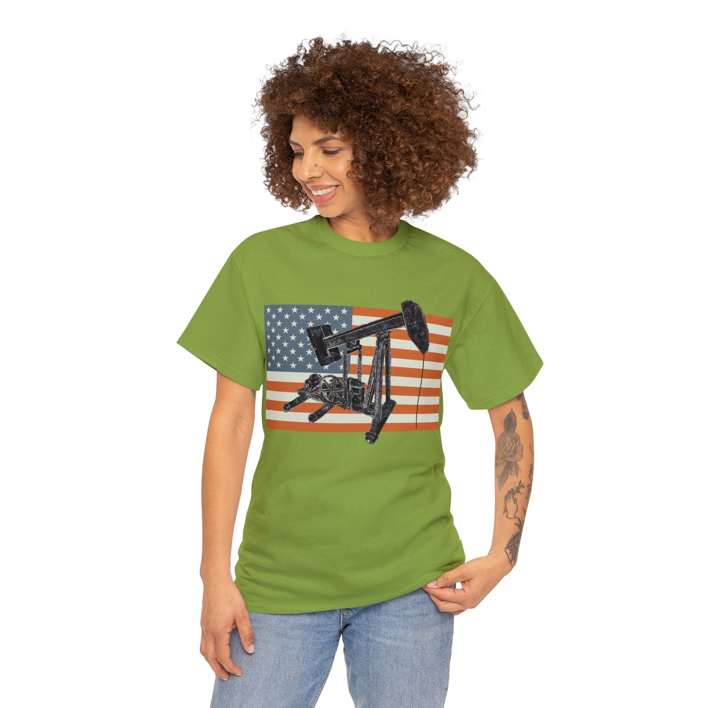 American Oil Worker Pump Jack USA Flag Heavy Cotton Tee