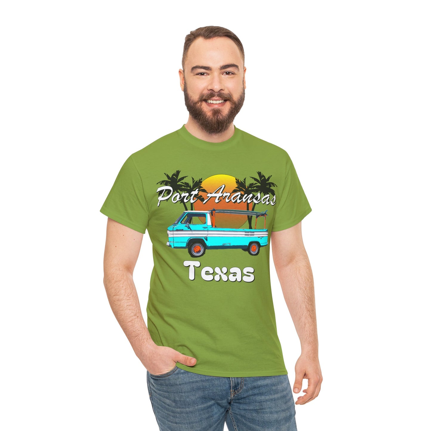 Port Aransas Texas, Port A Surfer, Palm Trees, Beach Vacation Heavy Cotton Tee