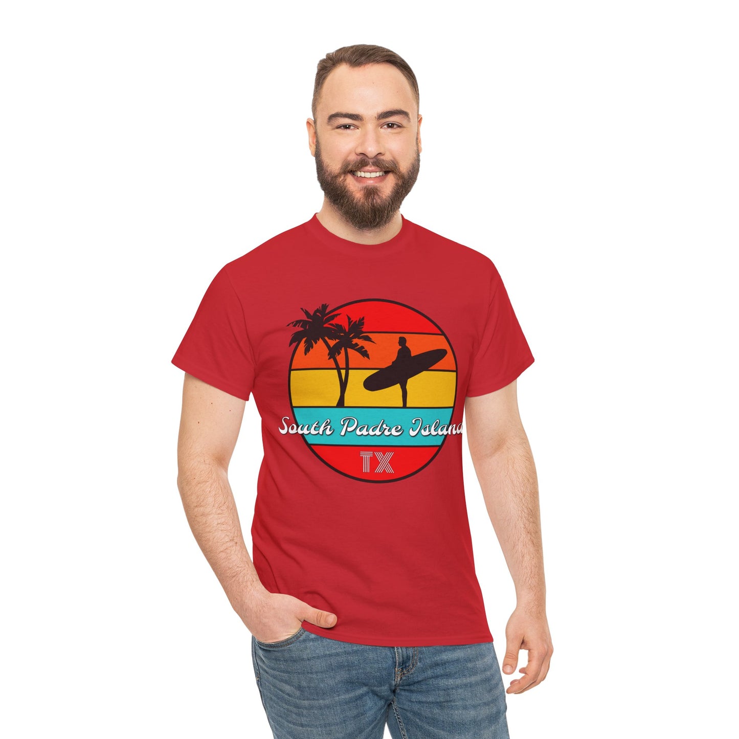 South Padre Island Texas, South Padre Surfer, Palm Trees Heavy Cotton Tee