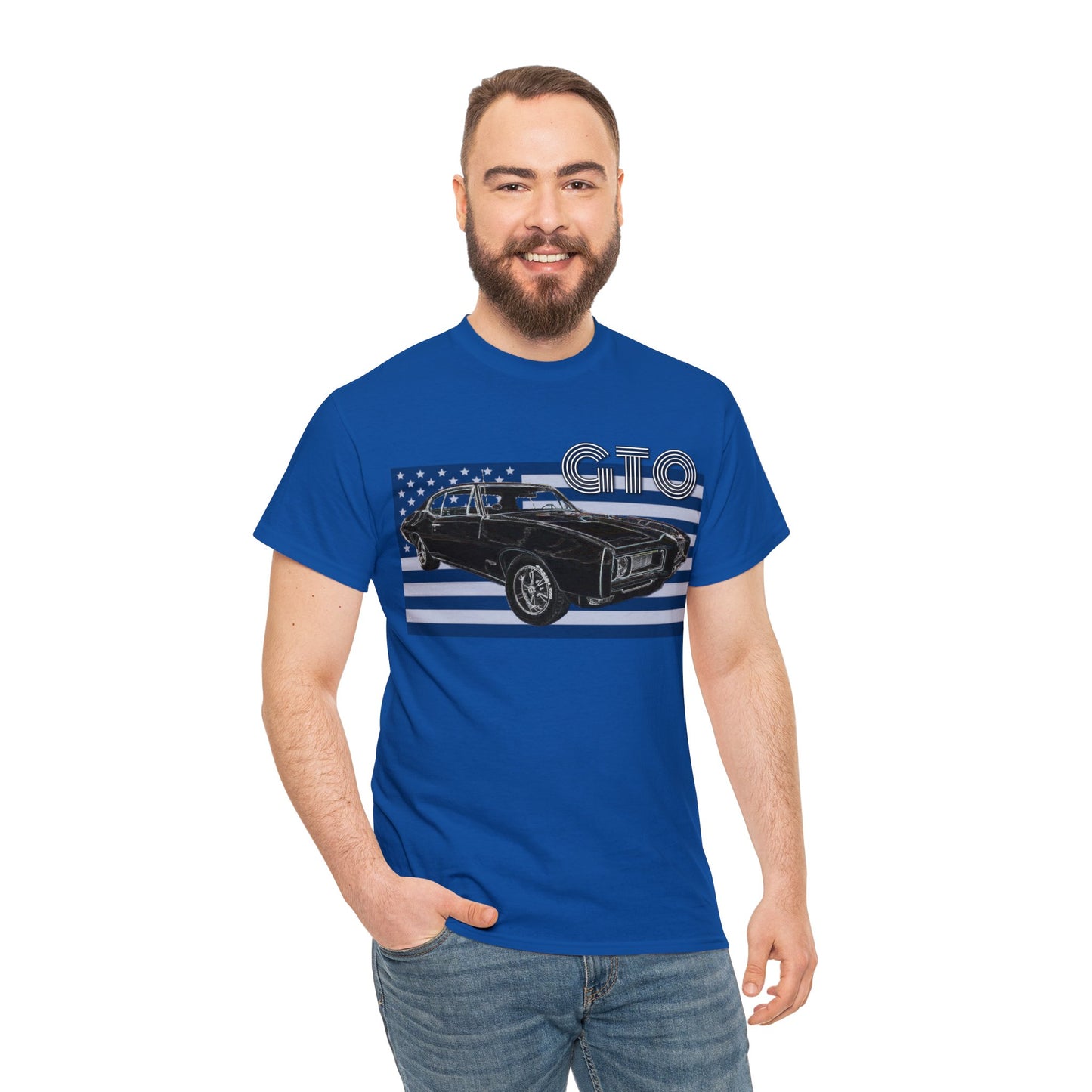 GTO Muscle Car, Pontiac, Vintage Car, Vintage American Car, American Flag Heavy Cotton Tee