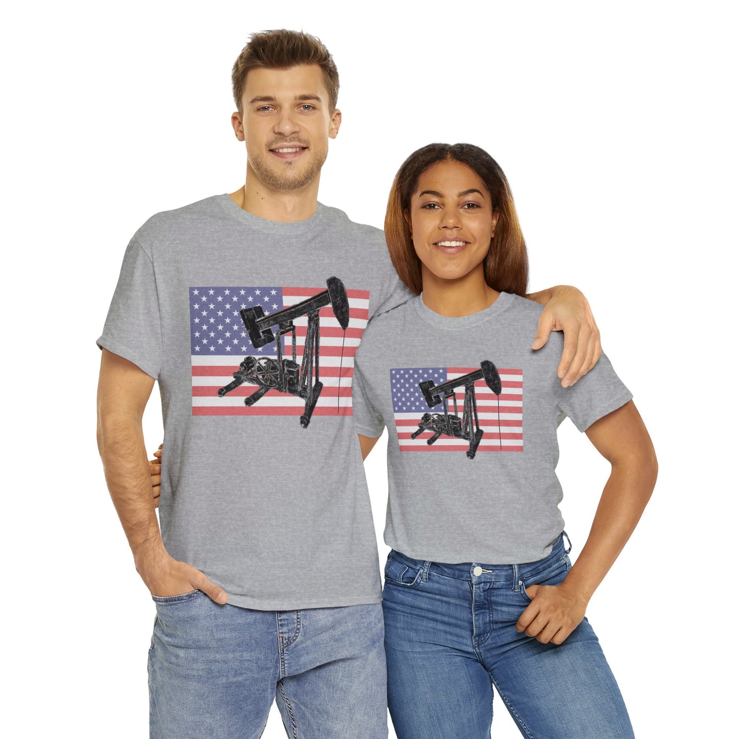 American Oil Worker Pump Jack USA Flag Heavy Cotton Tee