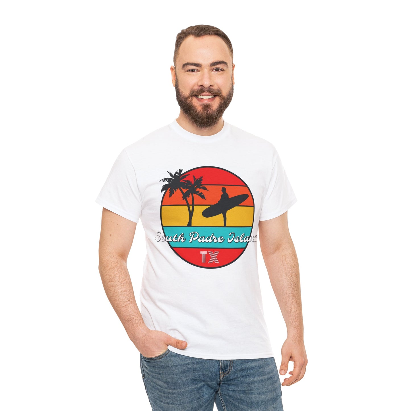 South Padre Island Texas, South Padre Surfer, Palm Trees Heavy Cotton Tee