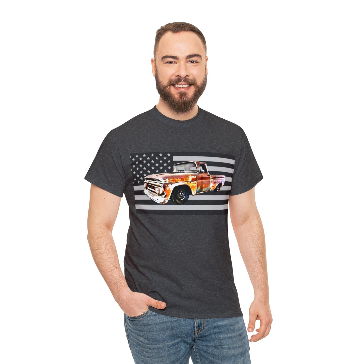 Vintage American Made Pickup Truck and Flag, Antique USA Truck Heavy Cotton Tee