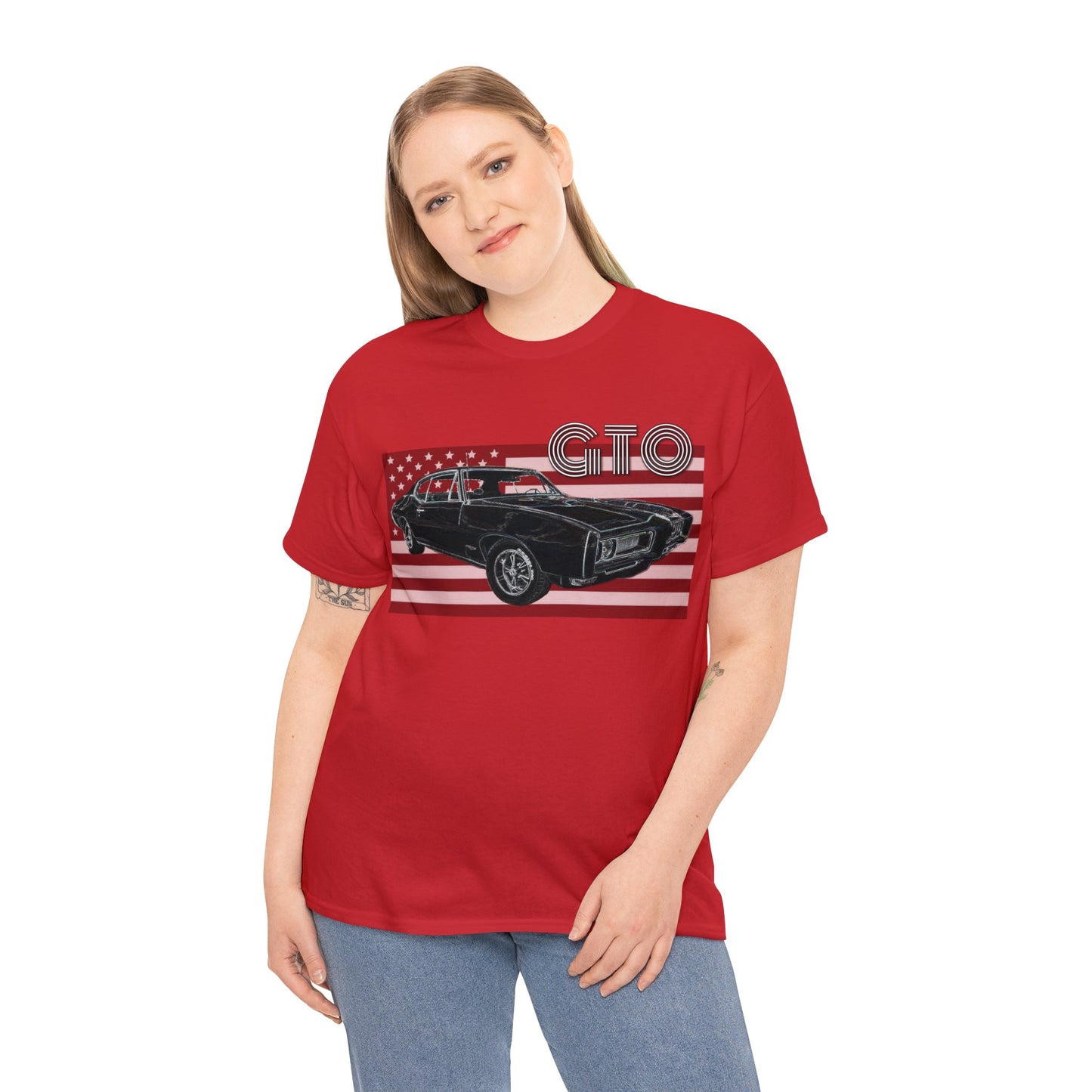 GTO Muscle Car, Pontiac, Vintage Car, Vintage American Car, American Flag Heavy Cotton Tee