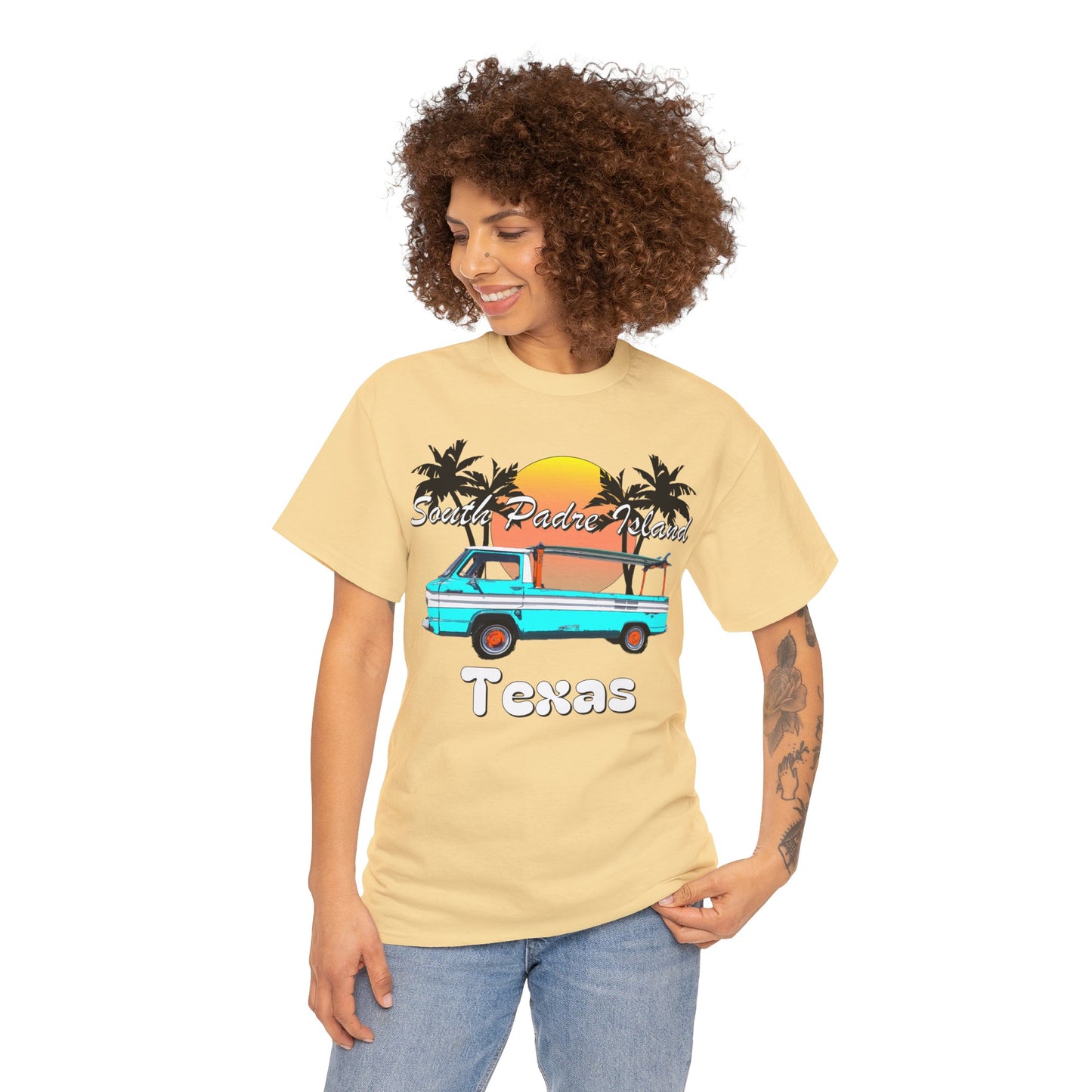 South Padre Island Texas, South Padre Surfer, Palm Trees Heavy Cotton Tee