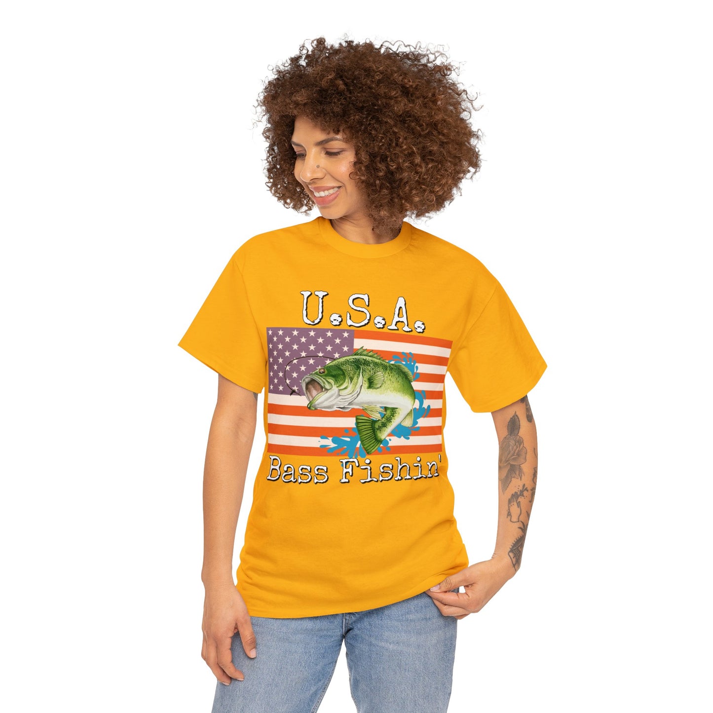 Vintage Retro USA American Flag Bass Fishing Heavy Cotton Tee