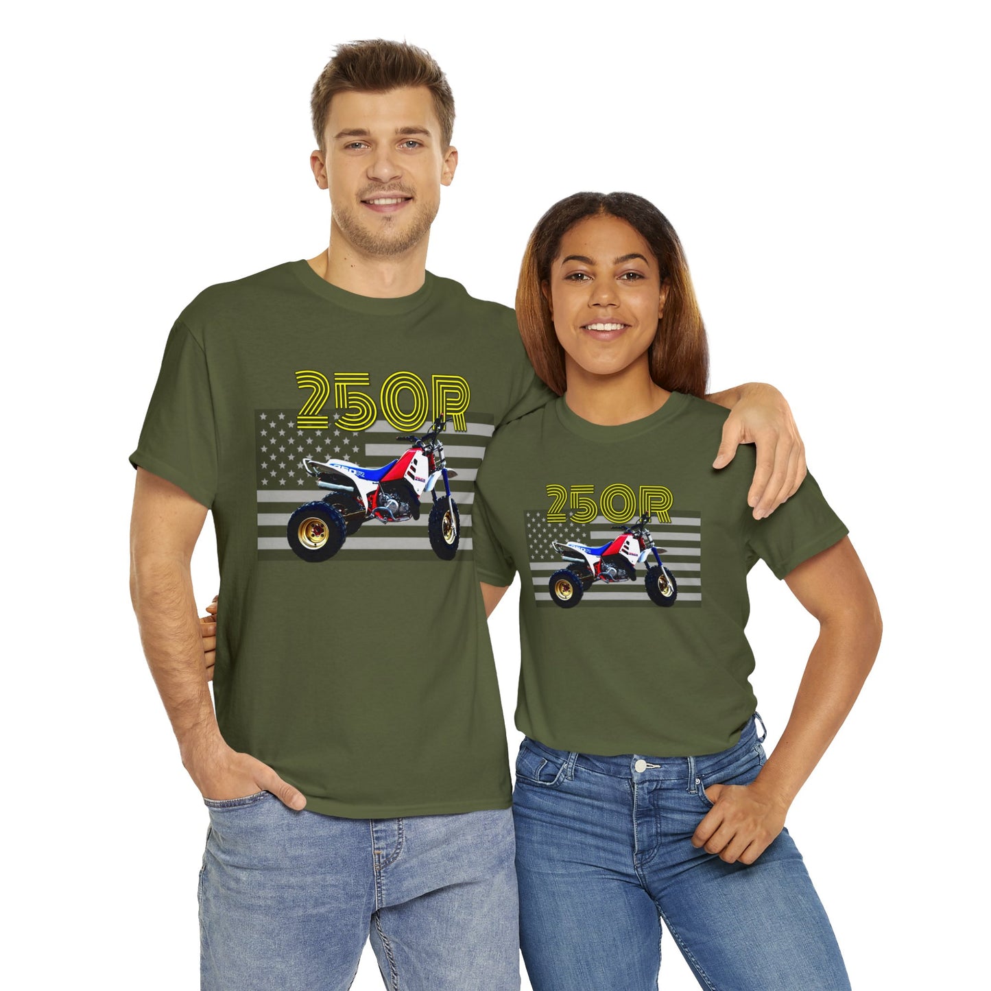 250r ATV ATC Vintage Retro Three Wheeler American Flag Heavy Cotton Tee