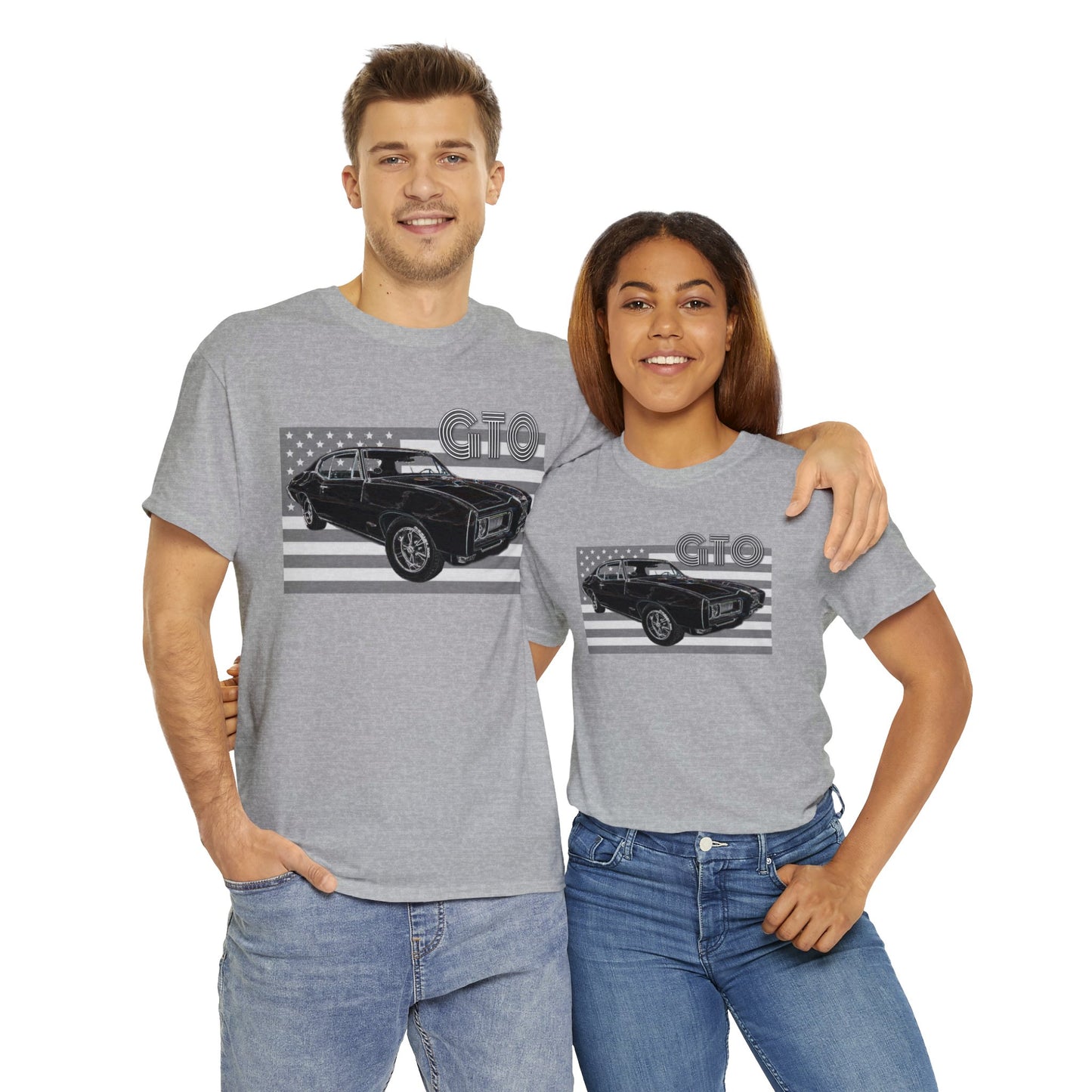 GTO Muscle Car, Pontiac, Vintage Car, Vintage American Car, American Flag Heavy Cotton Tee