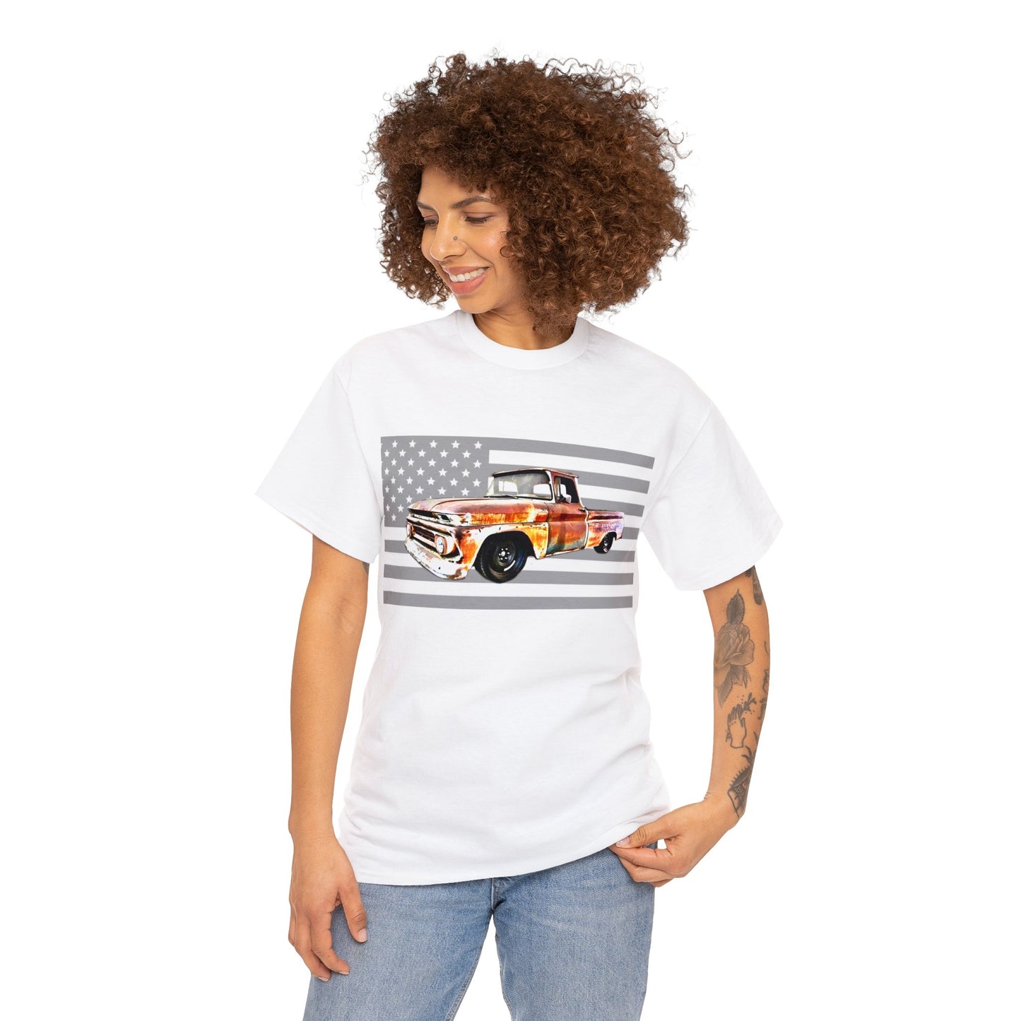 Vintage American Made Pickup Truck and Flag, Antique USA Truck Heavy Cotton Tee