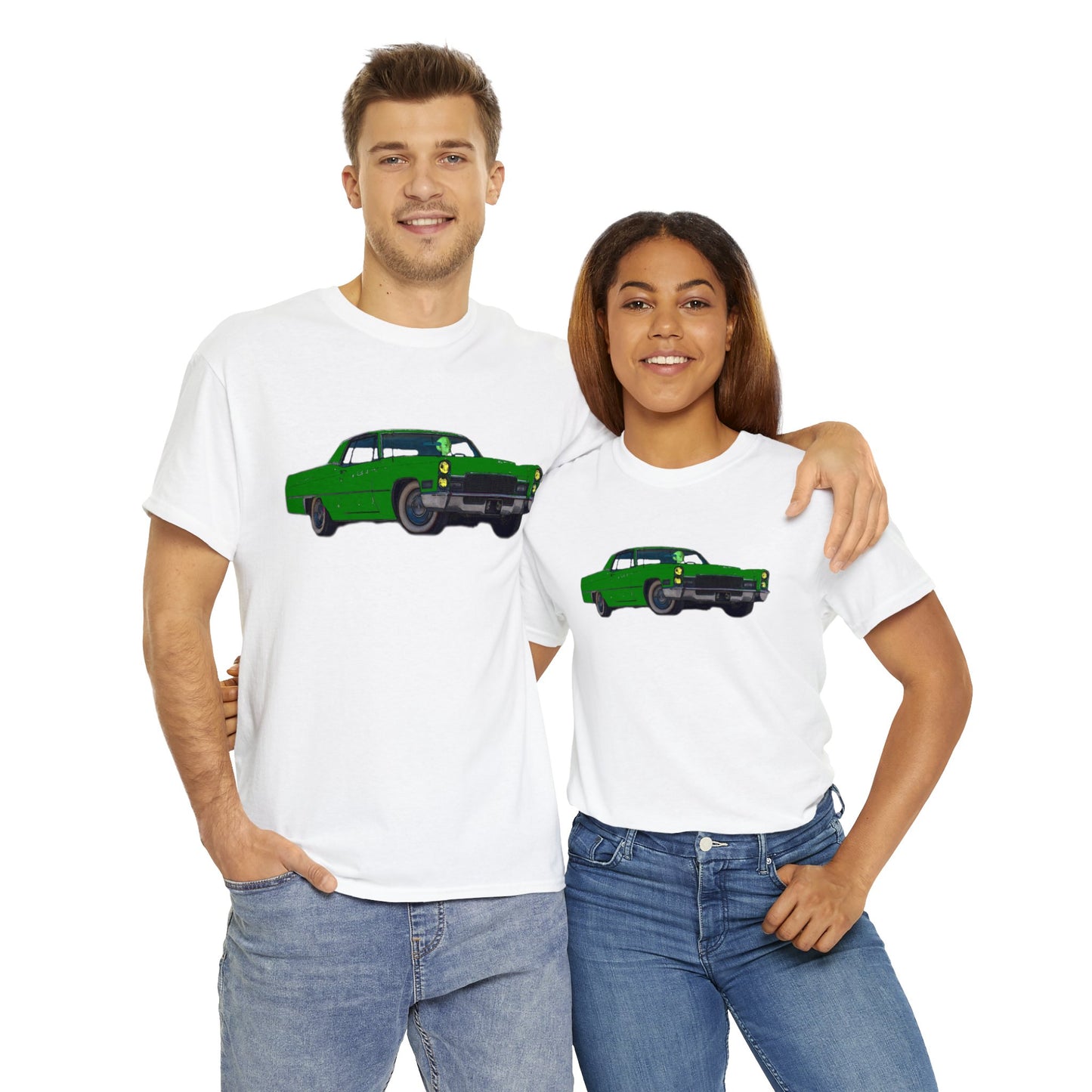 Alien Driving Car, Martian Driving a Vintage Caddy, Green Martian Heavy Cotton Tee