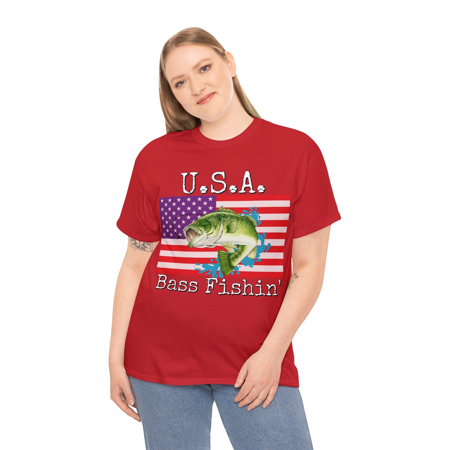 Vintage Retro USA American Flag Bass Fishing Heavy Cotton Tee