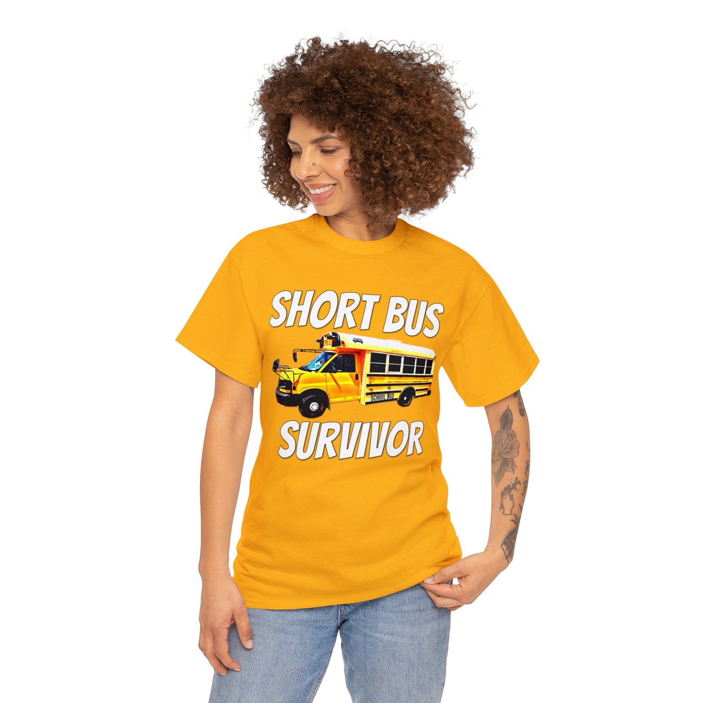 Short Bus, I Survived Riding the Short Bus, School Bus, Short Bus Rider Heavy Cotton Tee