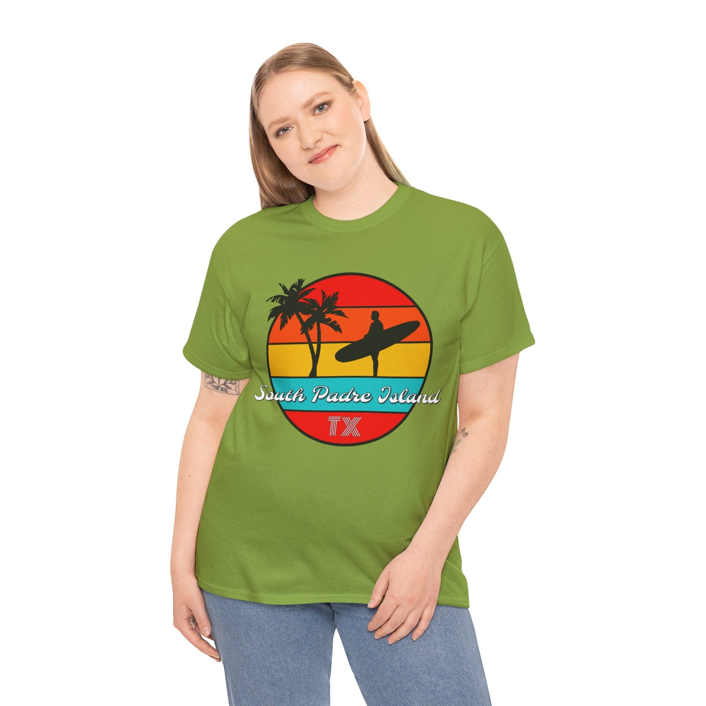 South Padre Island Texas, South Padre Surfer, Palm Trees Heavy Cotton Tee