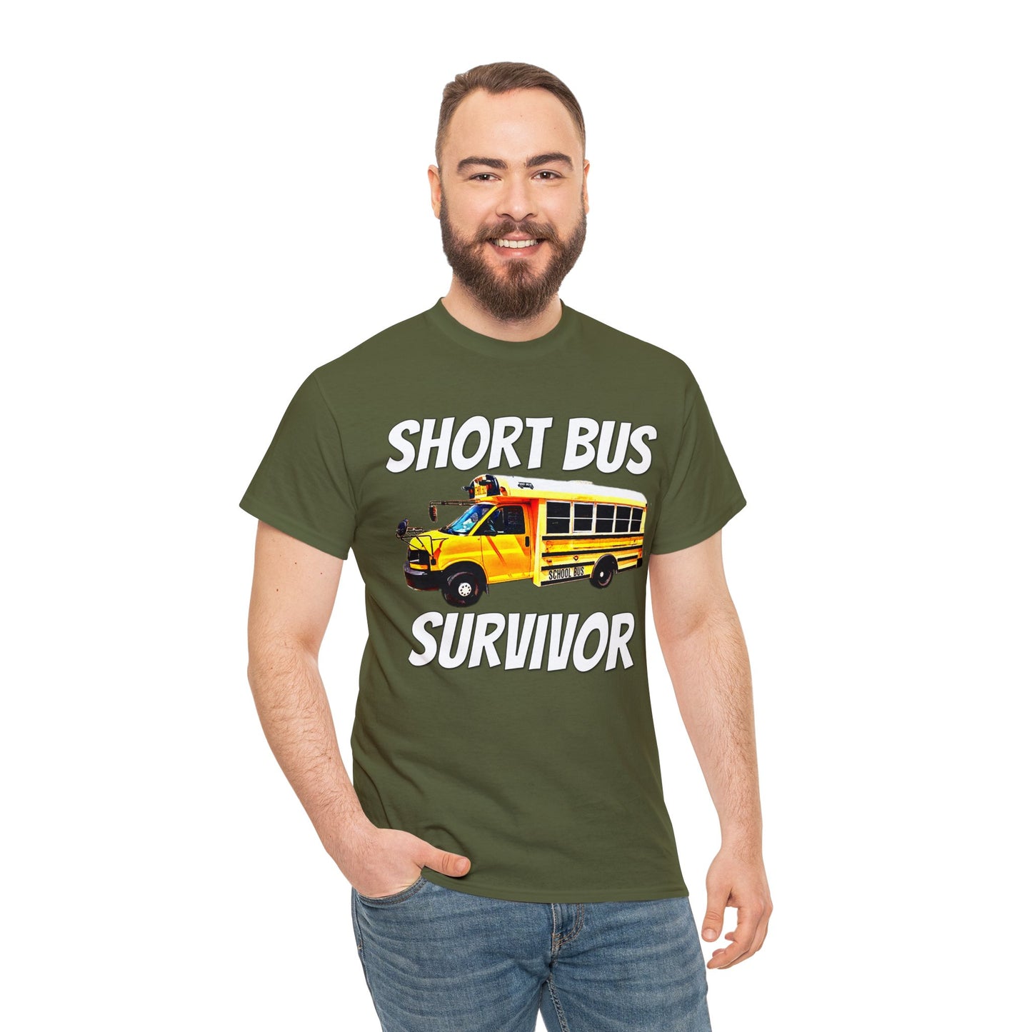 Short Bus, I Survived Riding the Short Bus, School Bus, Short Bus Rider Heavy Cotton Tee