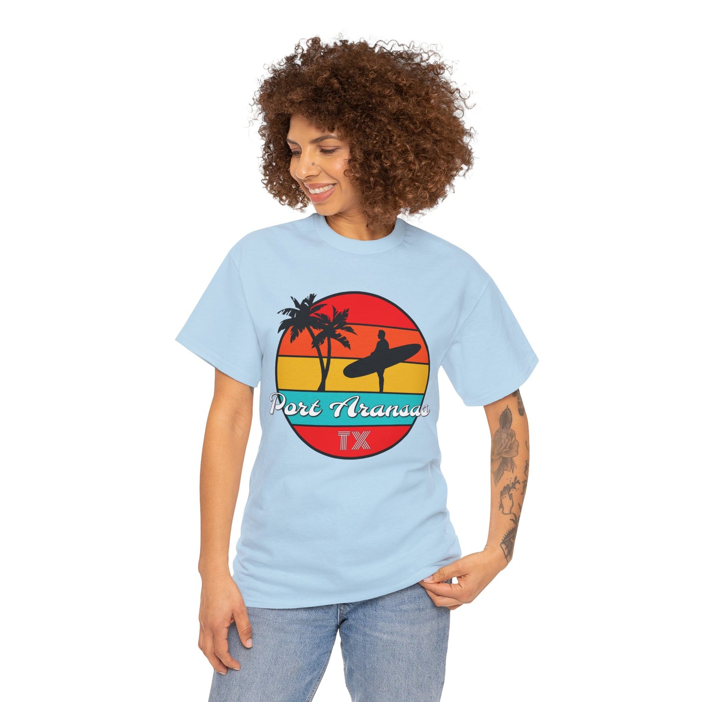 Port Aransas Texas, Port A Surfer, Palm Trees, Beach Vacation Heavy Cotton Tee