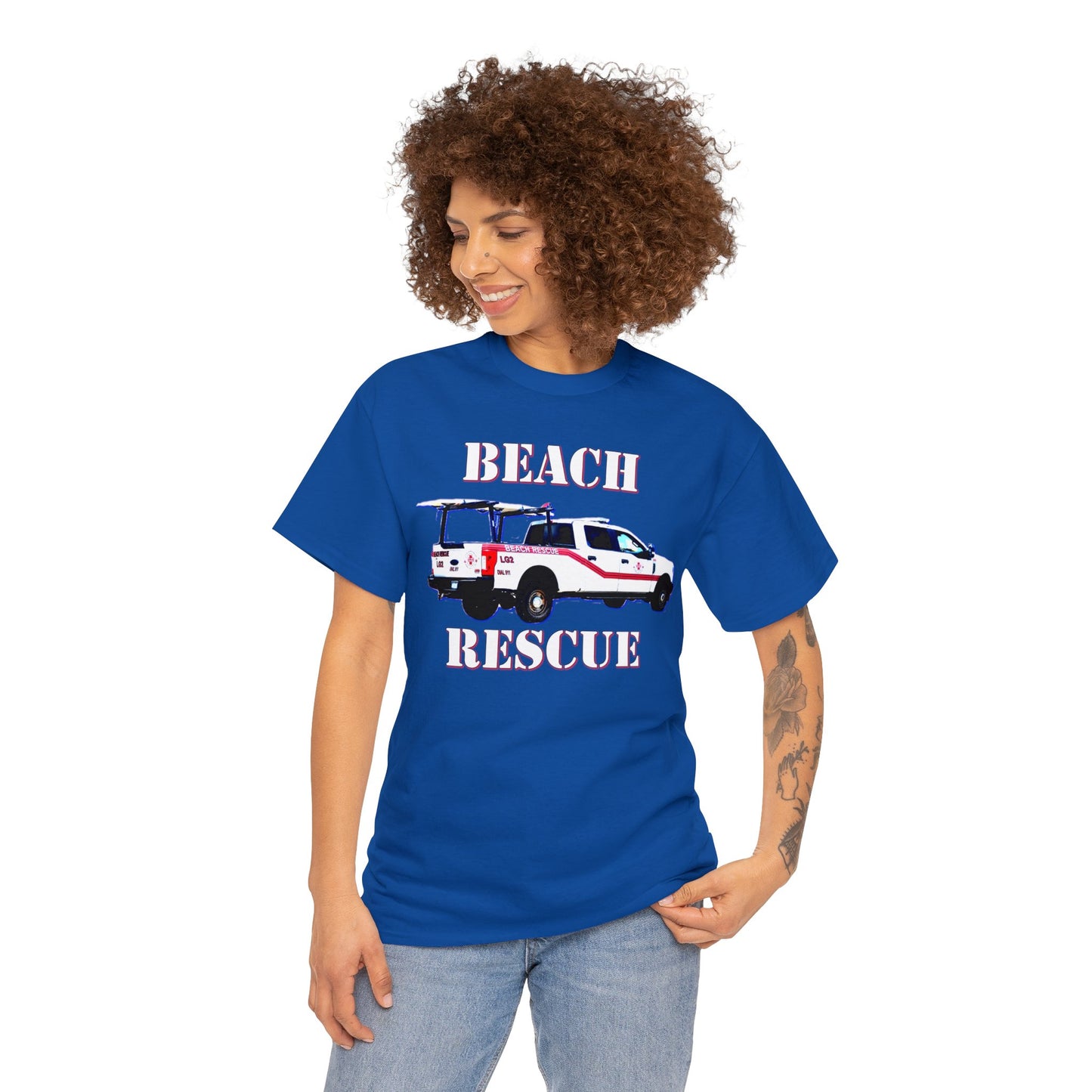 Beach Rescue Truck, Beach Life Guard Truck, Truck with Surfboard Heavy Cotton Tee