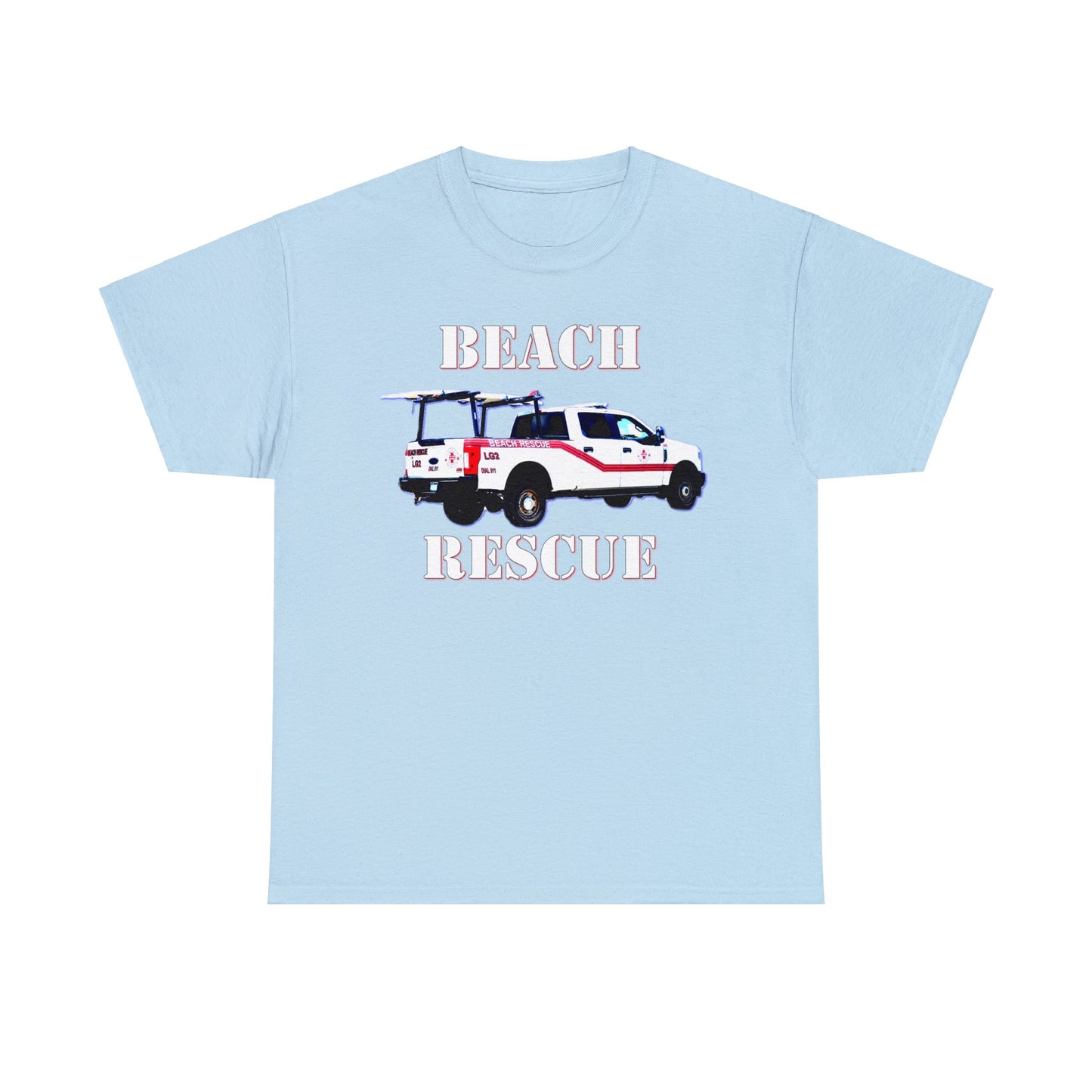 Beach Rescue Truck, Beach Life Guard Truck, Truck with Surfboard Heavy Cotton Tee