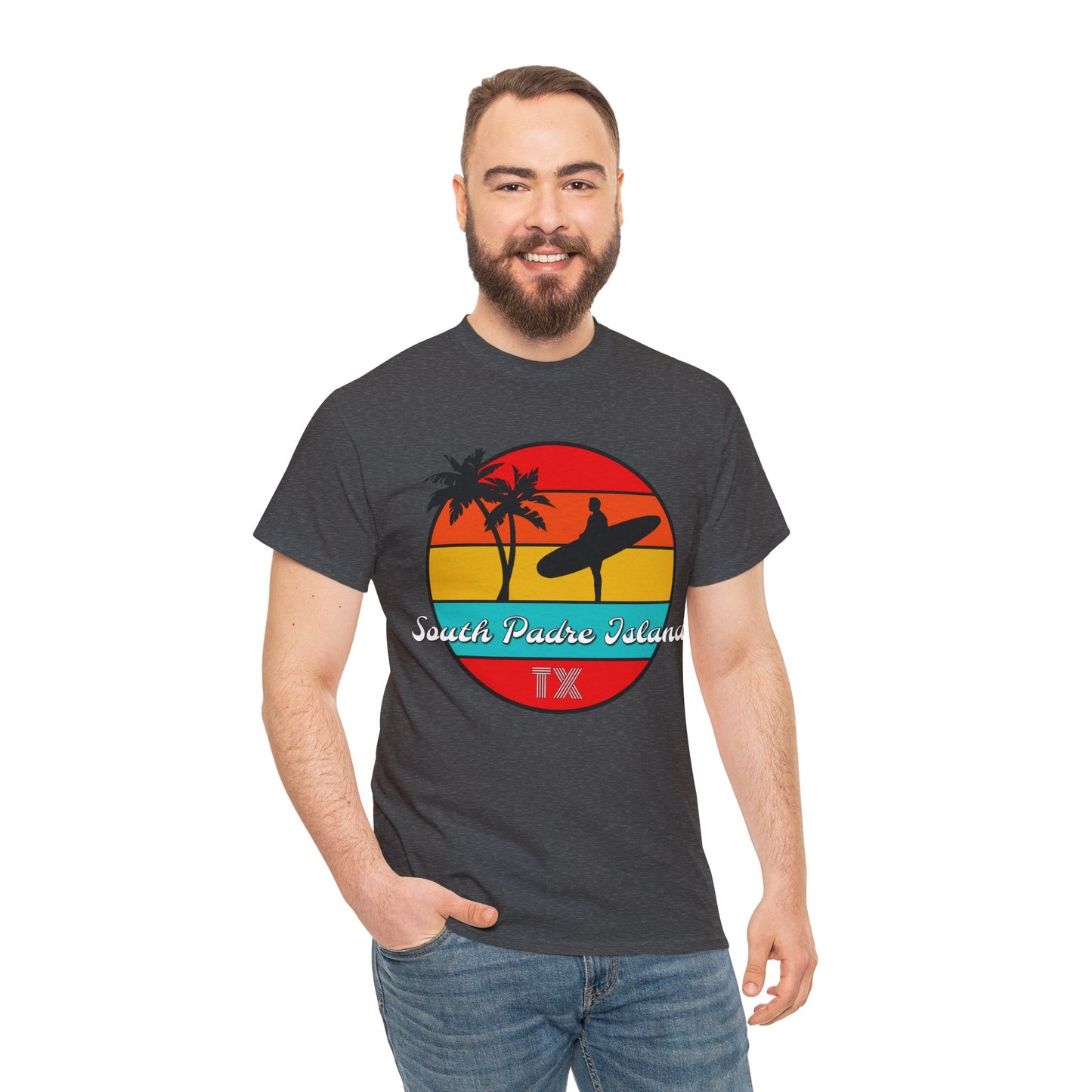 South Padre Island Texas, South Padre Surfer, Palm Trees Heavy Cotton Tee