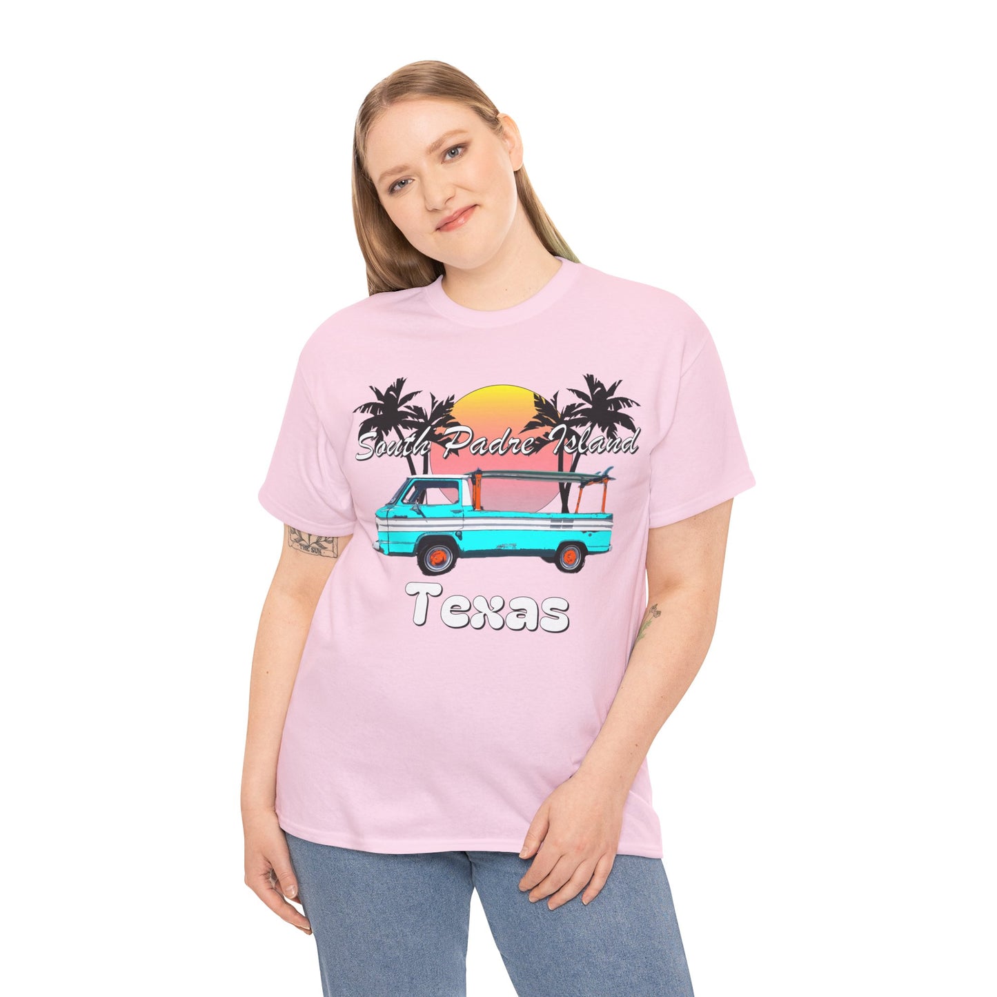 South Padre Island Texas, South Padre Surfer, Palm Trees Heavy Cotton Tee